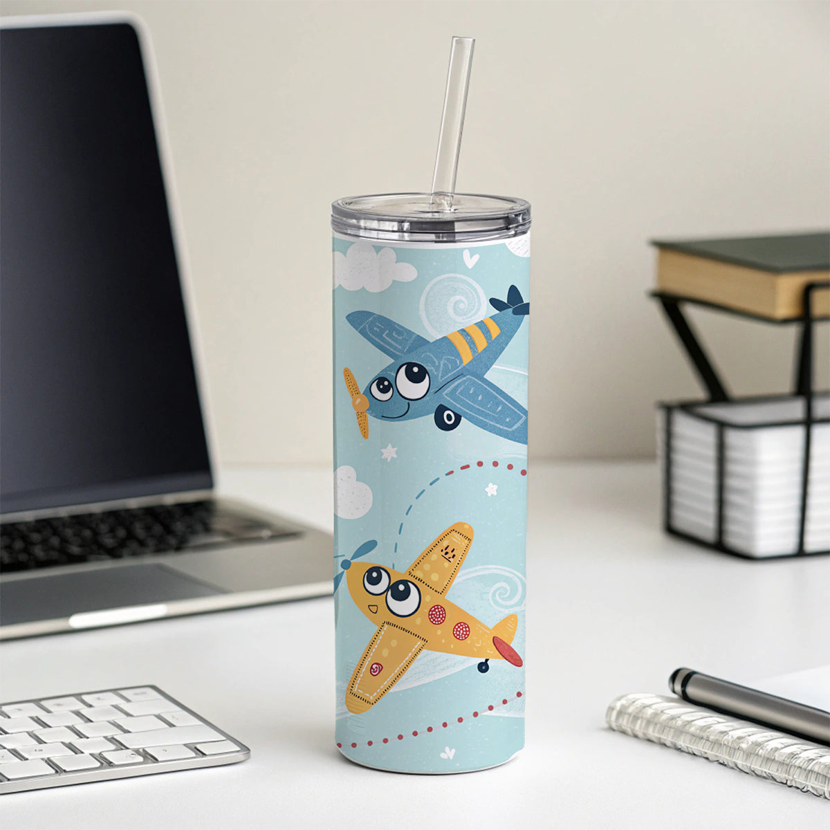 Airplanes Cute Cartoon Skinny Tumbler 20oz with Straw Insulated Water Bottle Gift
