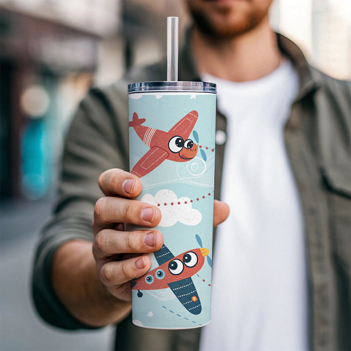 Airplanes Cute Cartoon Skinny Tumbler 20oz with Straw Insulated Water Bottle Gift