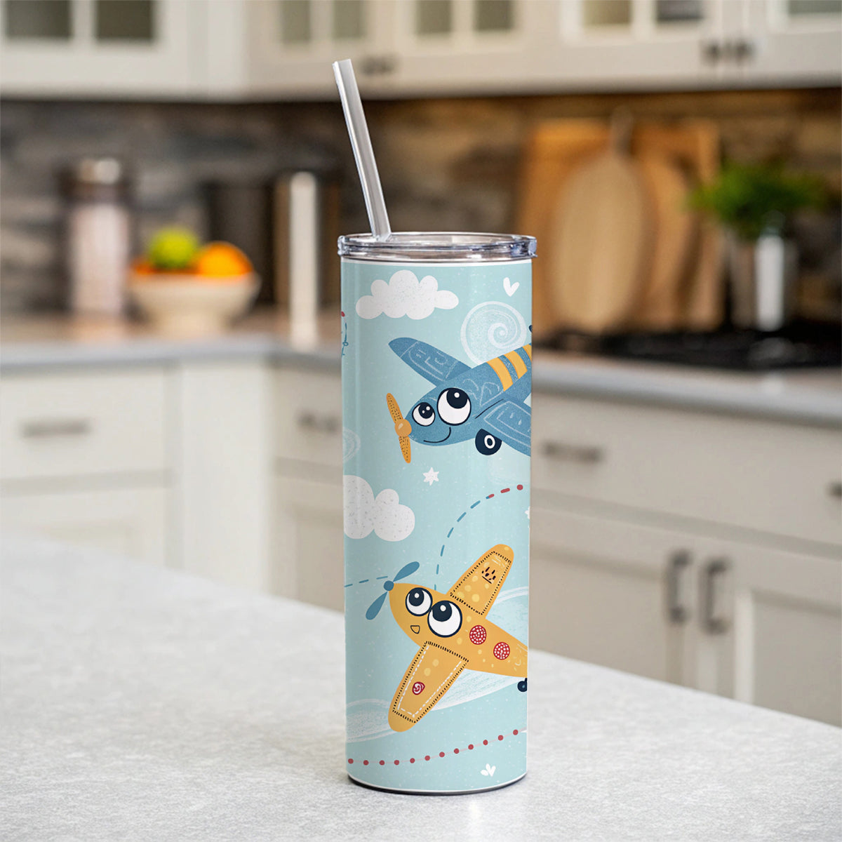Airplanes Cute Cartoon Skinny Tumbler 20oz with Straw Insulated Water Bottle Gift