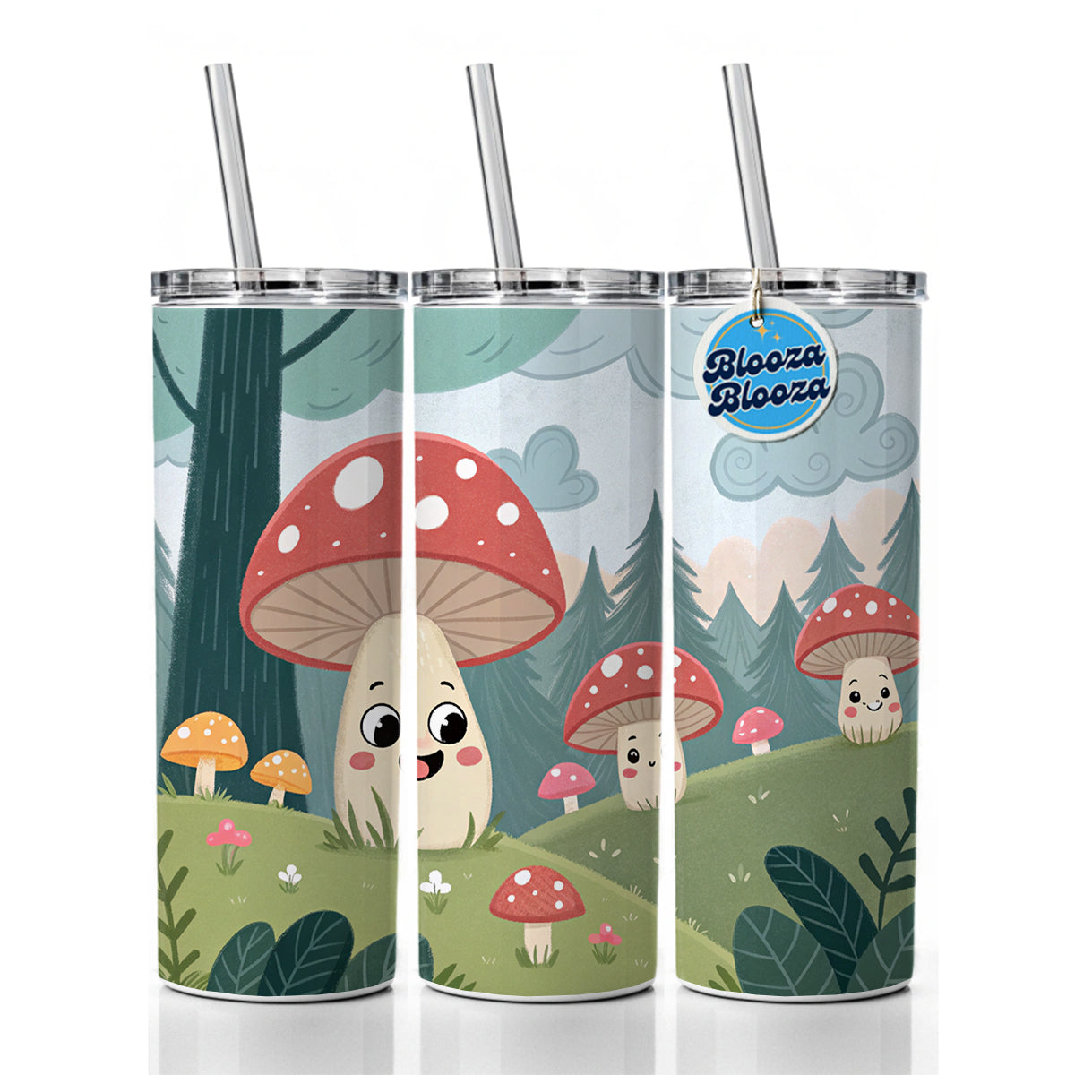 Kawaii Forest Mushrooms Skinny Tumbler 20oz with Straw Insulated Water Bottle Gift