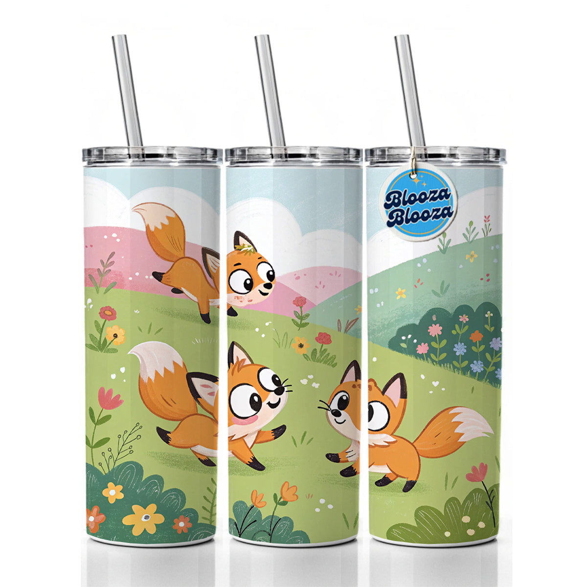 Kawaii Foxes Skinny Tumbler 20oz with Straw Insulated Water Bottle Gift