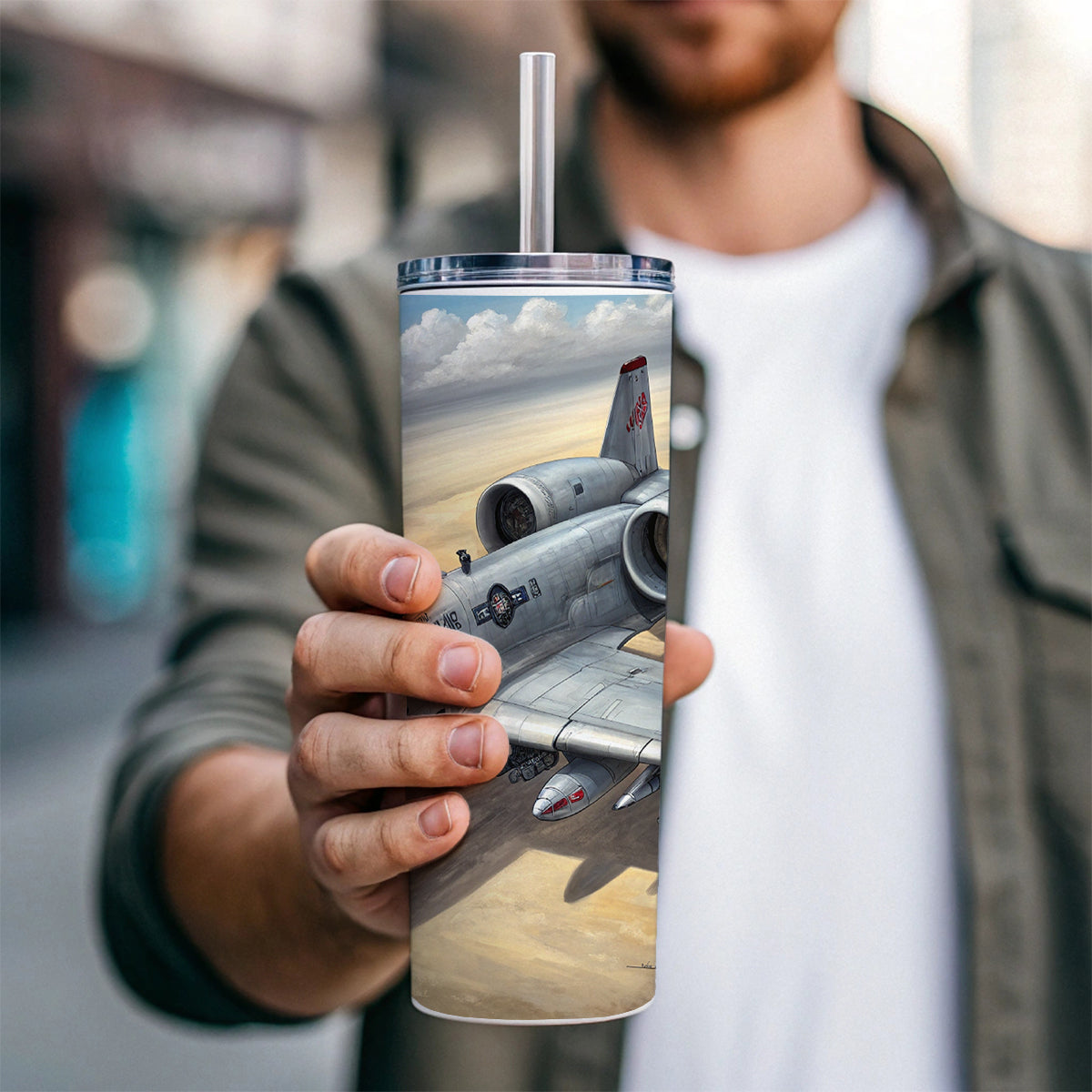 A-10 Warthog Thunderbolt II US Air Force Ground Attack Plane Skinny Tumbler 20oz with Straw Insulated Water Bottle Gift
