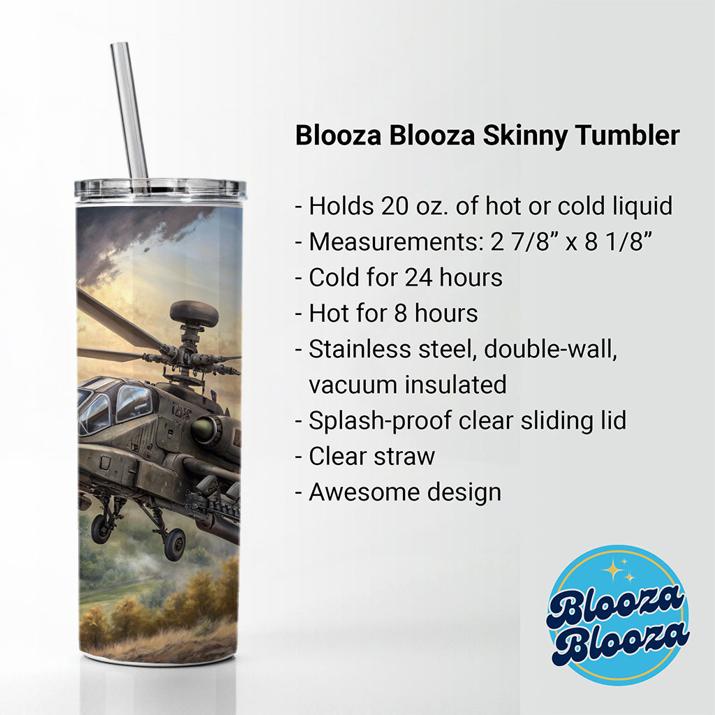 AH-64 Apache US Army Attack Helicopter Flying Skinny Tumbler 20oz with Straw Insulated Water Bottle Gift