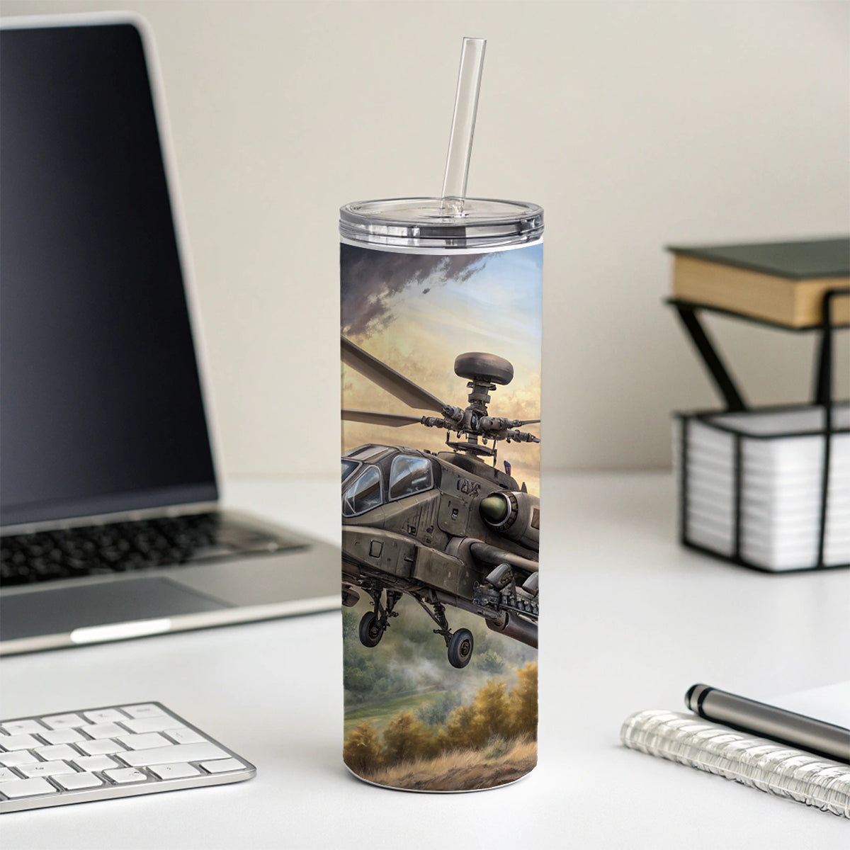 AH-64 Apache US Army Attack Helicopter Flying Skinny Tumbler 20oz with Straw Insulated Water Bottle Gift