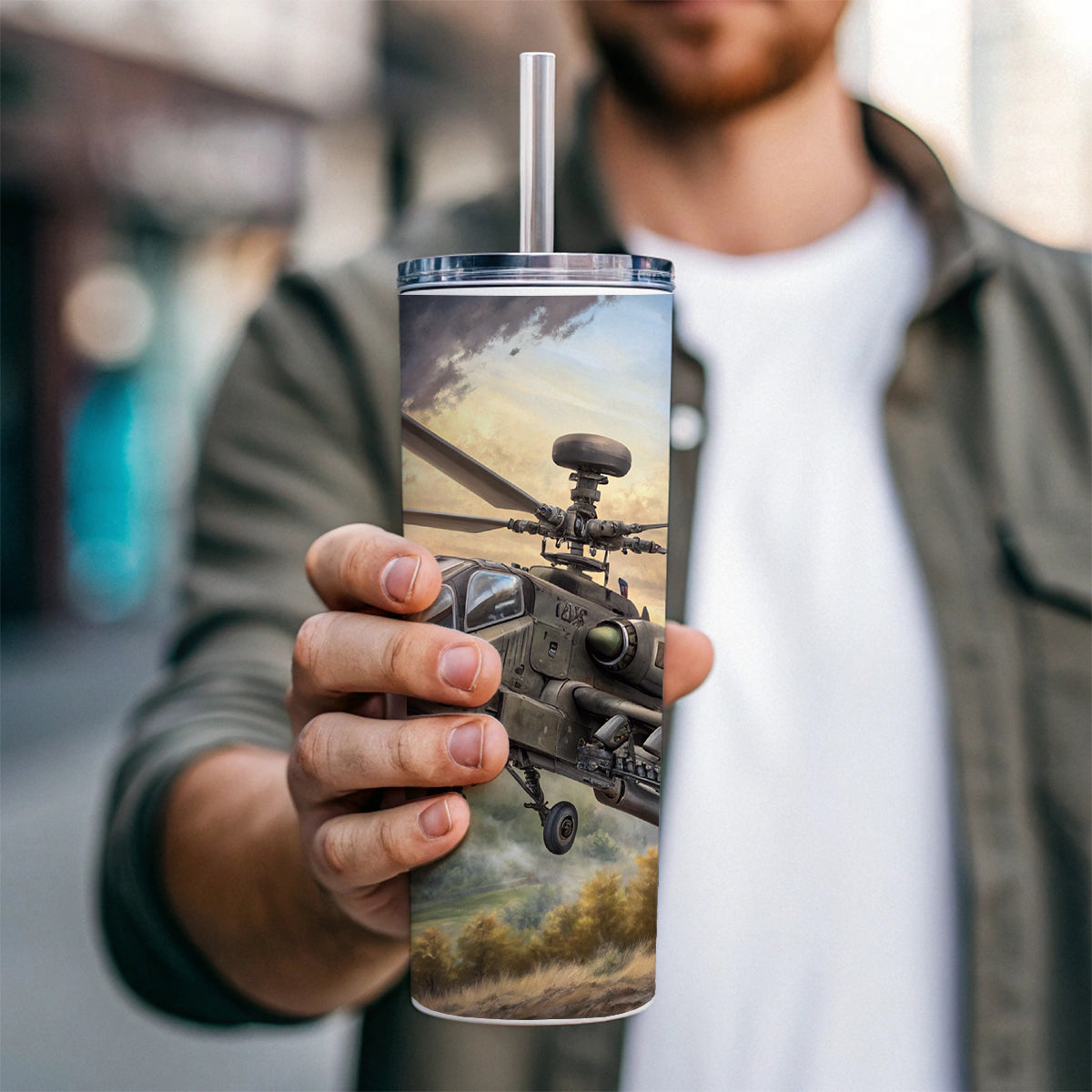 AH-64 Apache US Army Attack Helicopter Flying Skinny Tumbler 20oz with Straw Insulated Water Bottle Gift
