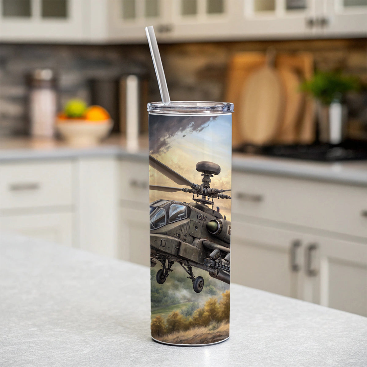 AH-64 Apache US Army Attack Helicopter Flying Skinny Tumbler 20oz with Straw Insulated Water Bottle Gift