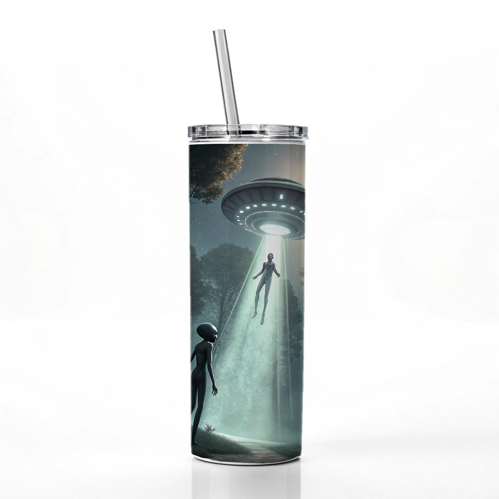 Alien Abduction in the Woods Sci-fi Skinny Tumbler 20oz with Straw Insulated Water Bottle Gift