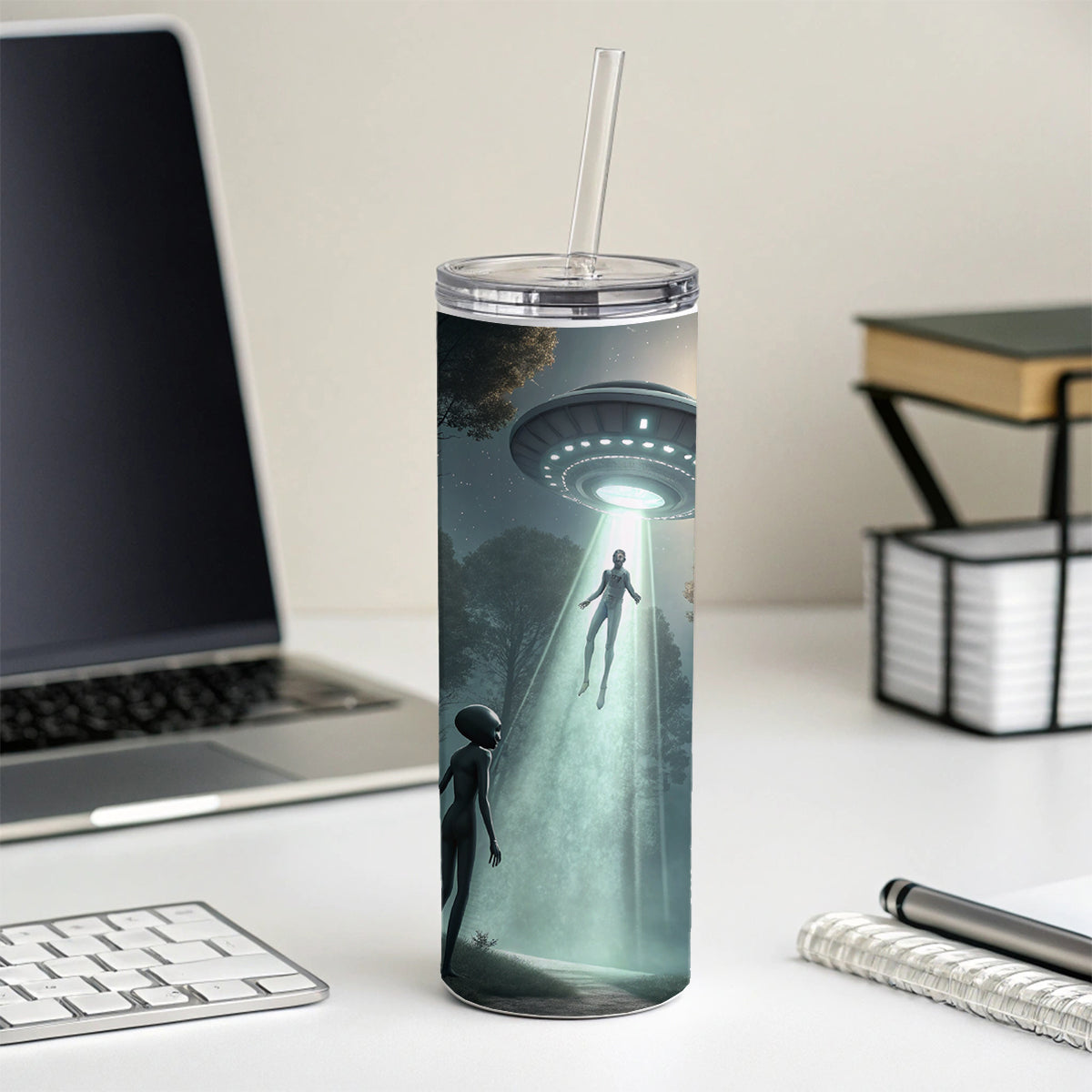 Alien Abduction in the Woods Sci-fi Skinny Tumbler 20oz with Straw Insulated Water Bottle Gift