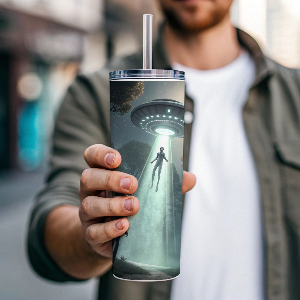 Alien Abduction in the Woods Sci-fi Skinny Tumbler 20oz with Straw Insulated Water Bottle Gift