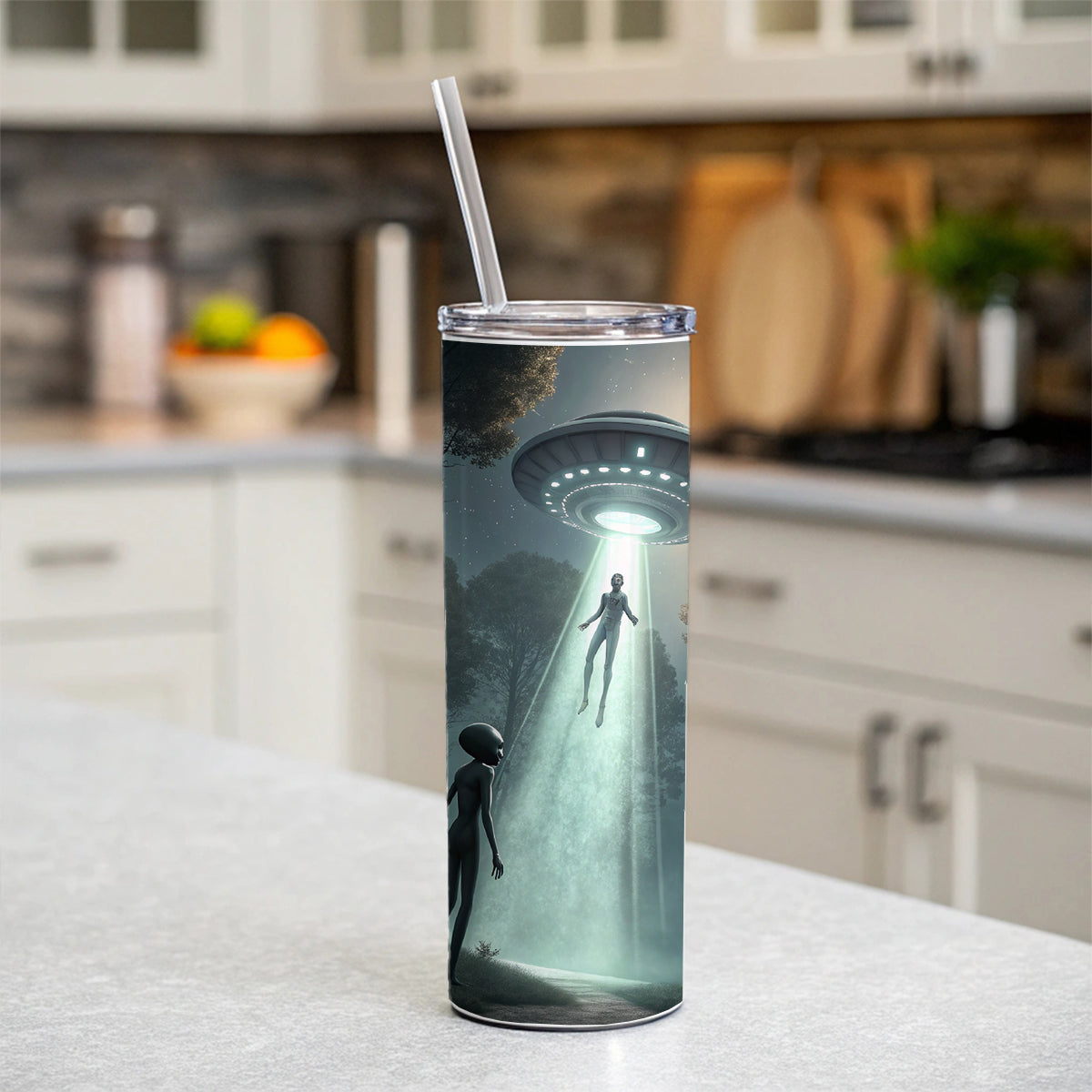 Alien Abduction in the Woods Sci-fi Skinny Tumbler 20oz with Straw Insulated Water Bottle Gift