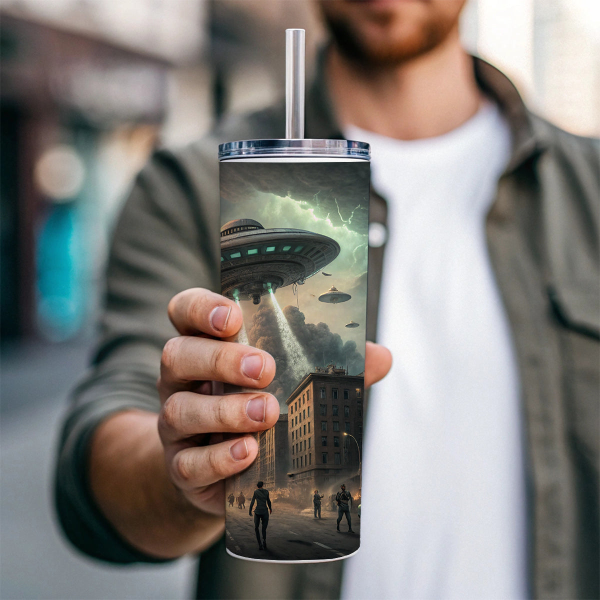 Alien Martian Invasion Destruction Of Earth Sci-fi Skinny Tumbler 20oz with Straw Insulated Water Bottle Gift