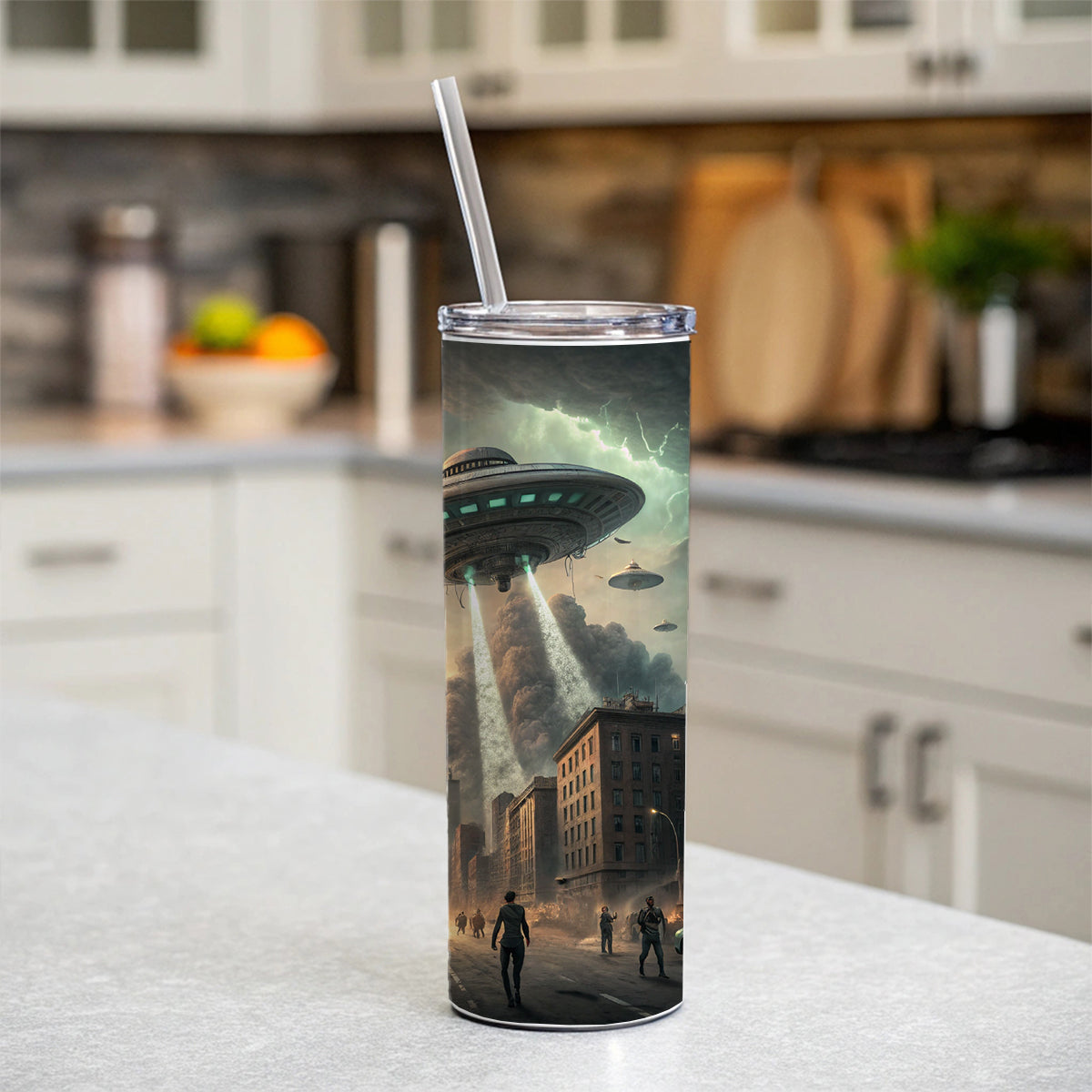 Alien Martian Invasion Destruction Of Earth Sci-fi Skinny Tumbler 20oz with Straw Insulated Water Bottle Gift