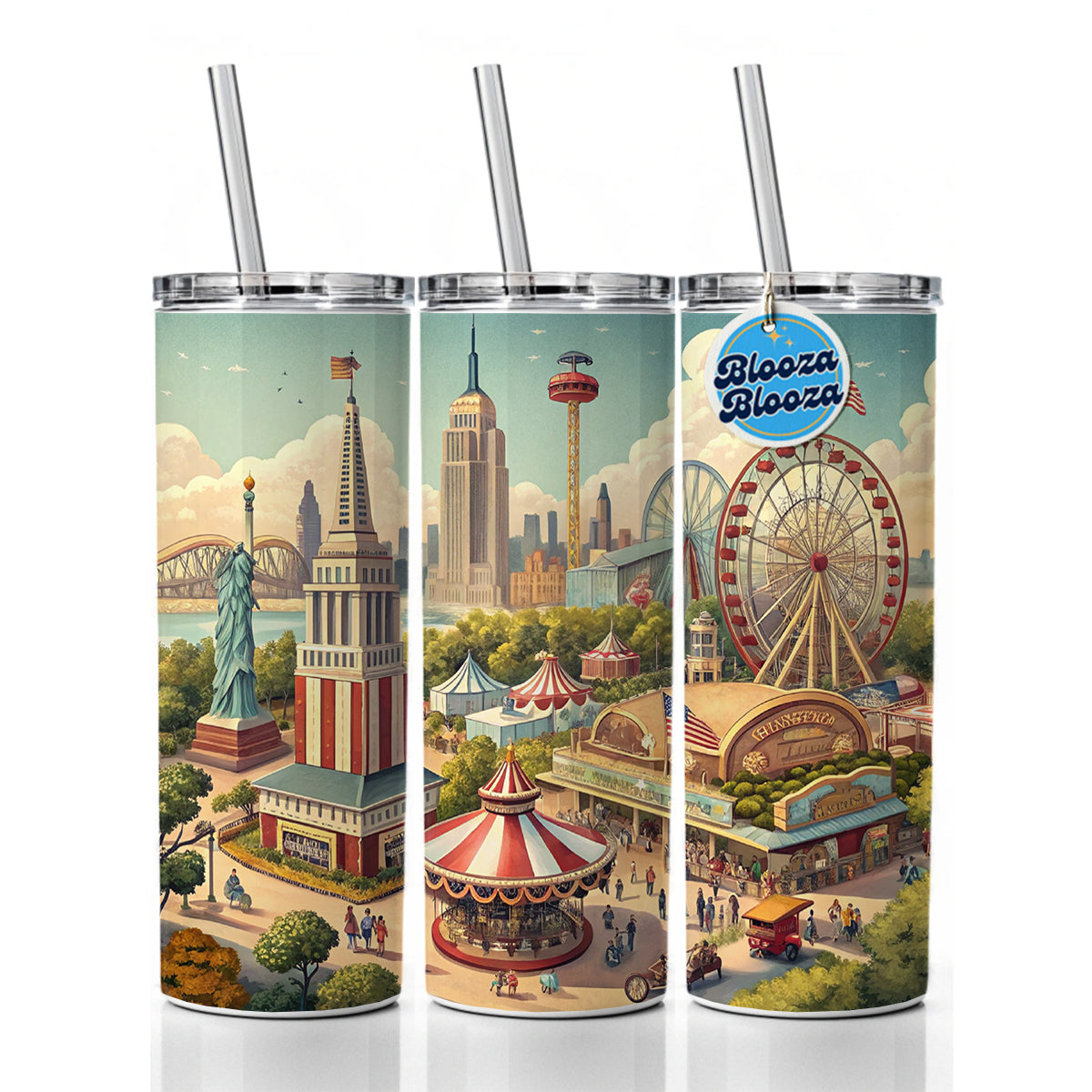Americana New York World's Fair Skinny Tumbler 20oz with Straw Insulated Water Bottle Gift