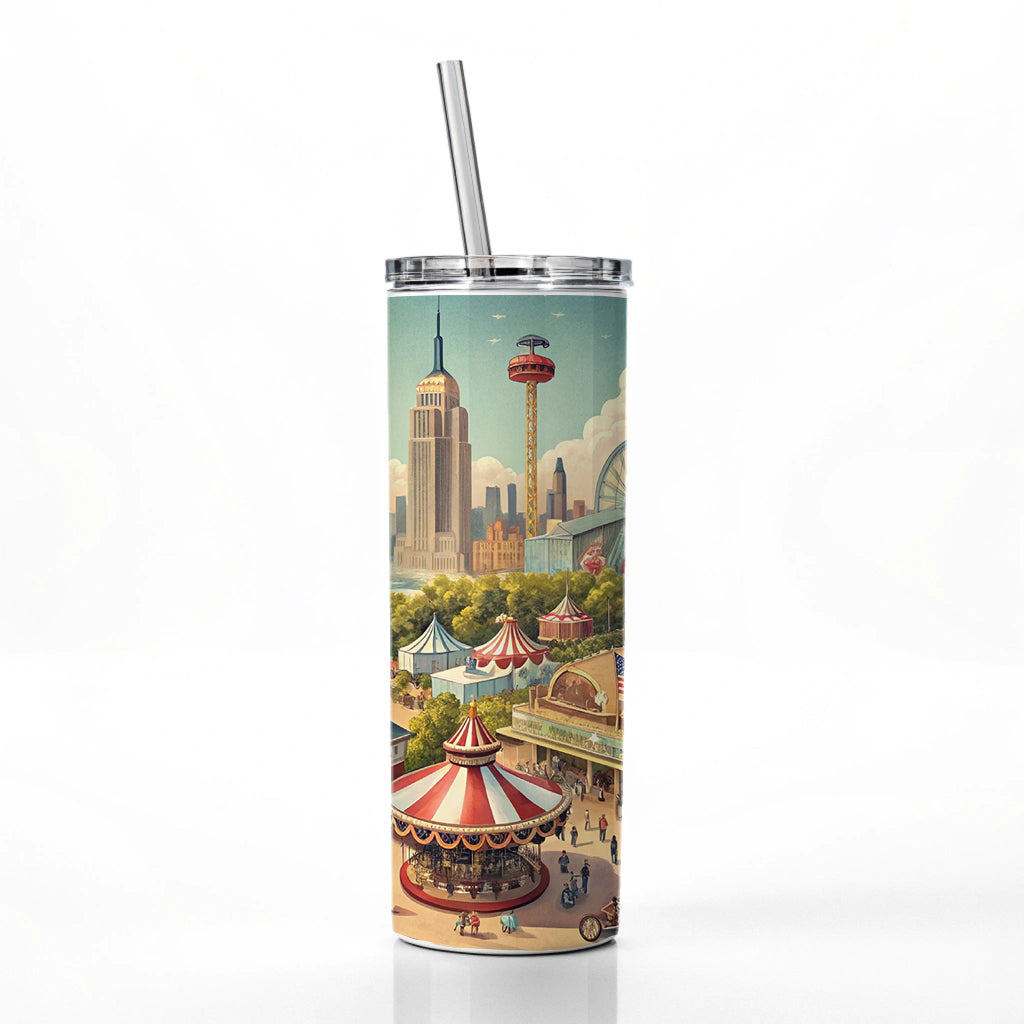 Americana New York World's Fair Skinny Tumbler 20oz with Straw Insulated Water Bottle Gift