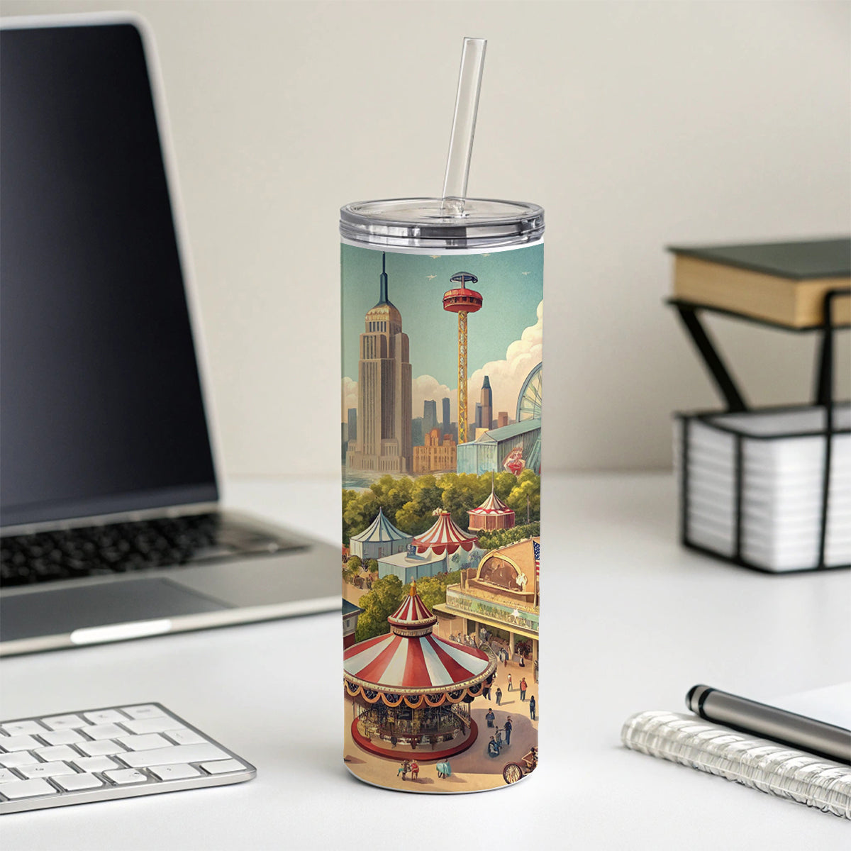 Americana New York World's Fair Skinny Tumbler 20oz with Straw Insulated Water Bottle Gift