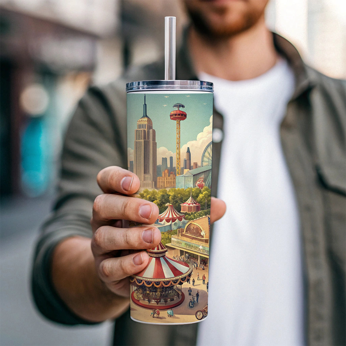 Americana New York World's Fair Skinny Tumbler 20oz with Straw Insulated Water Bottle Gift