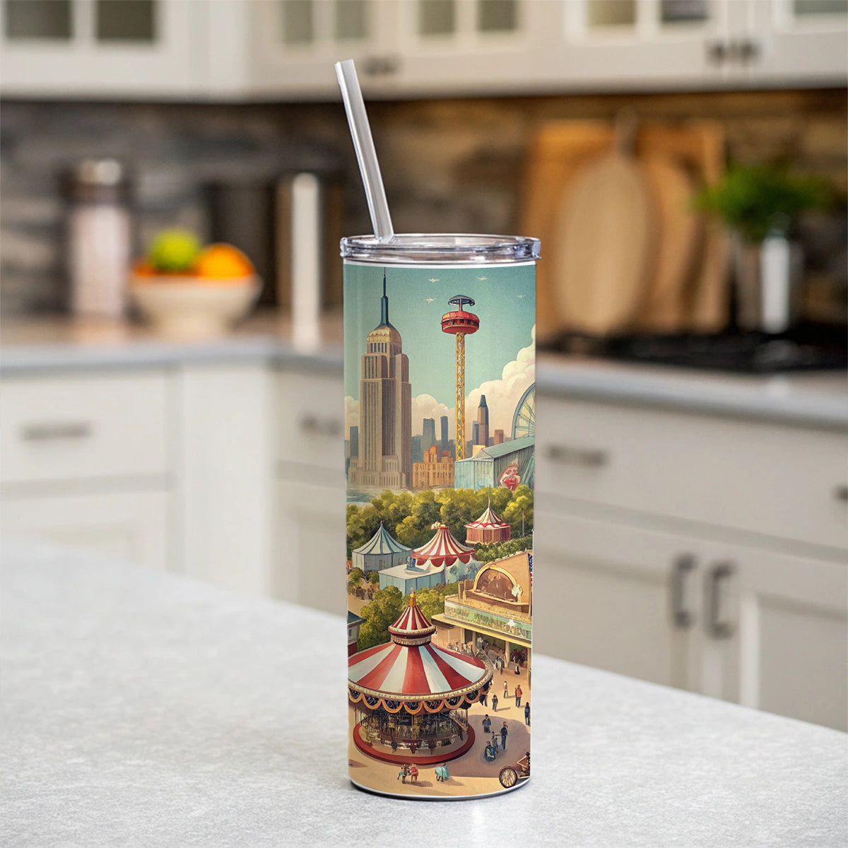 Americana New York World's Fair Skinny Tumbler 20oz with Straw Insulated Water Bottle Gift