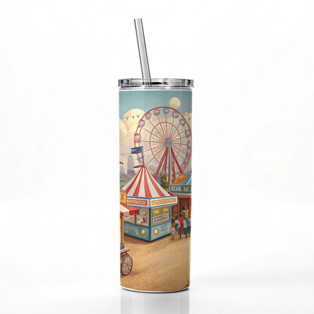 Americana State Fair Scene Skinny Tumbler 20oz with Straw Insulated Water Bottle Gift