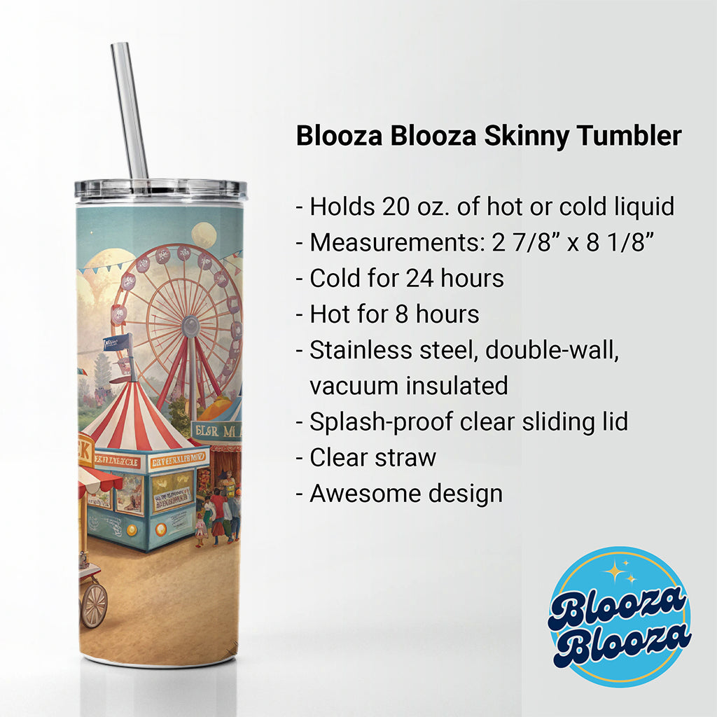 Americana State Fair Scene Skinny Tumbler 20oz with Straw Insulated Water Bottle Gift