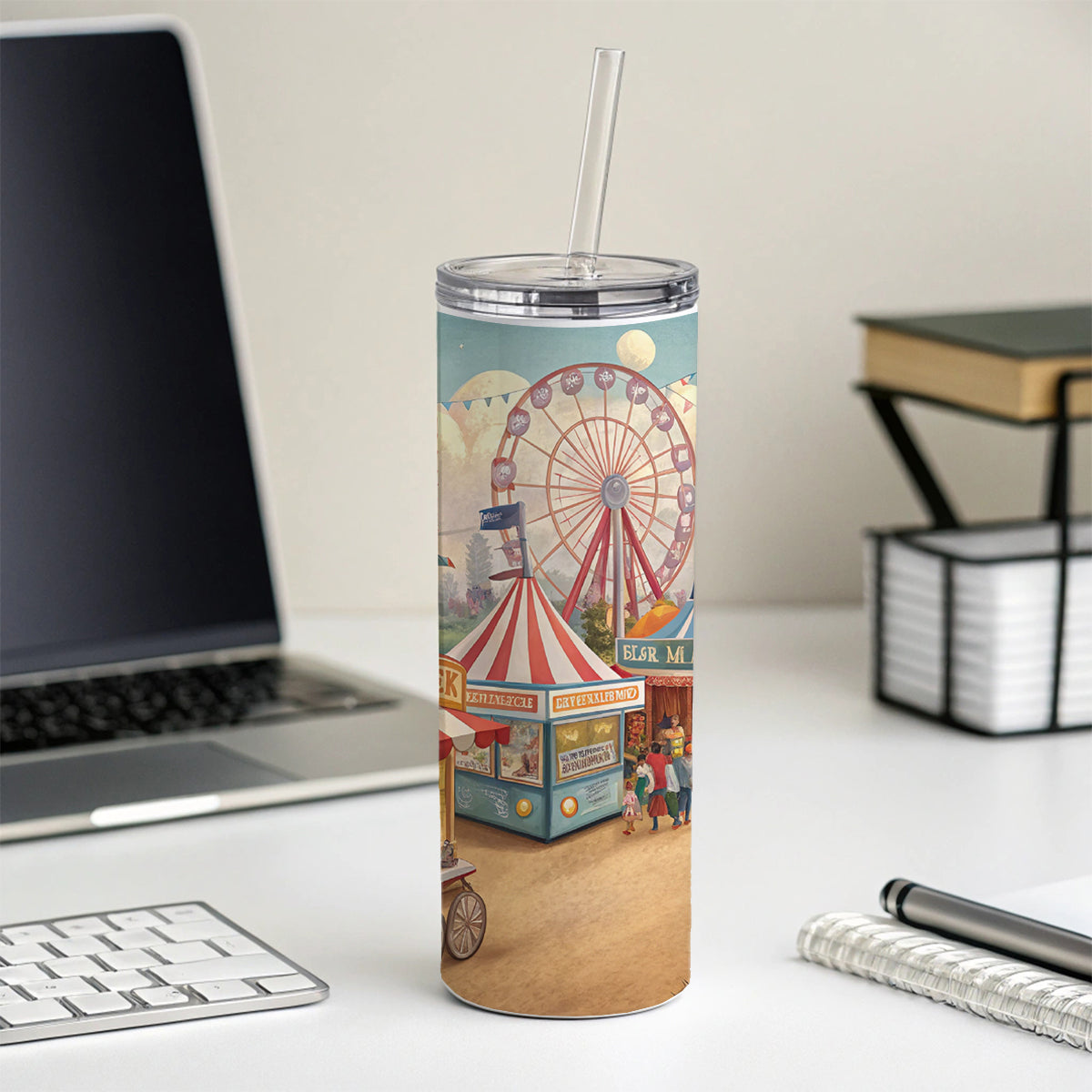 Americana State Fair Scene Skinny Tumbler 20oz with Straw Insulated Water Bottle Gift