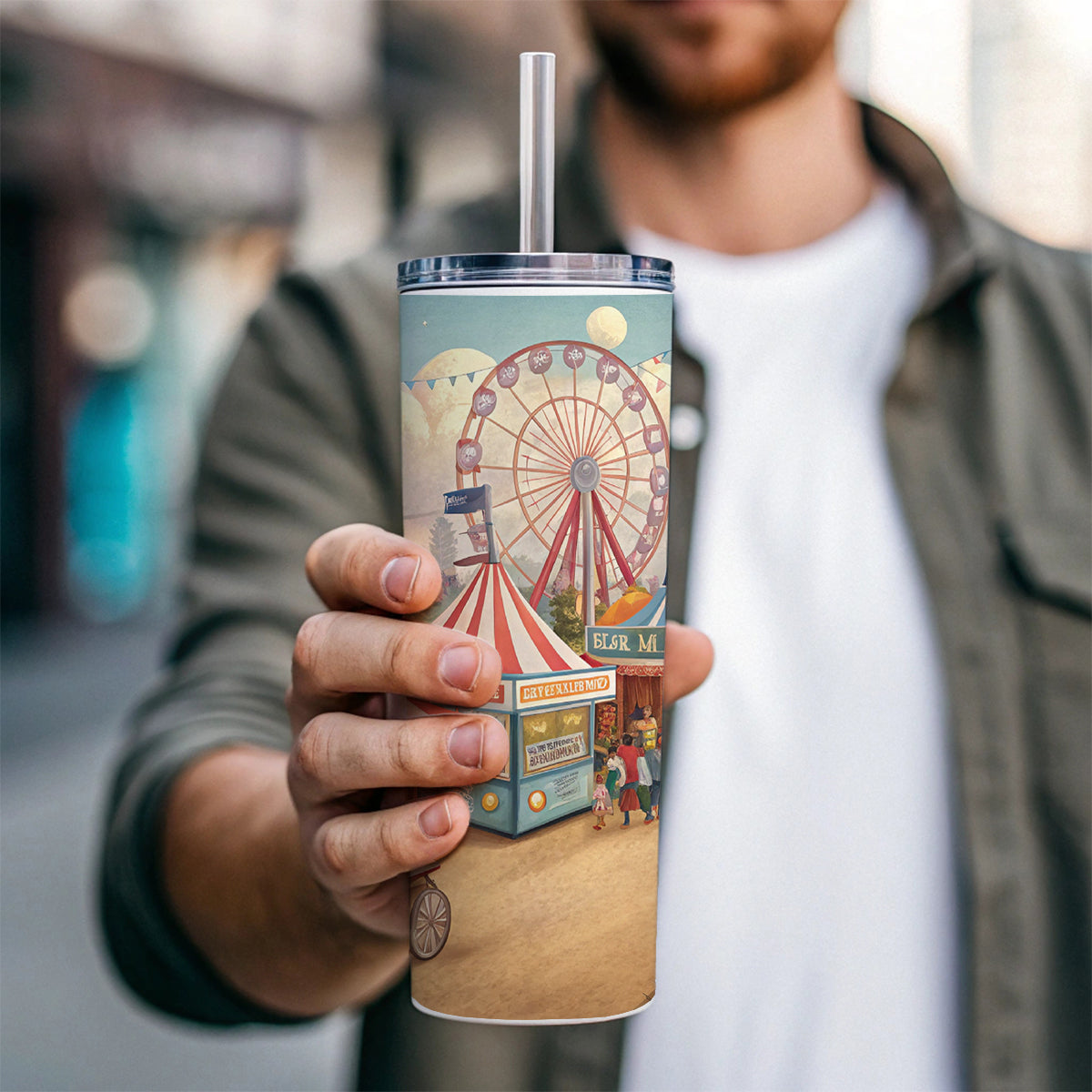 Americana State Fair Scene Skinny Tumbler 20oz with Straw Insulated Water Bottle Gift