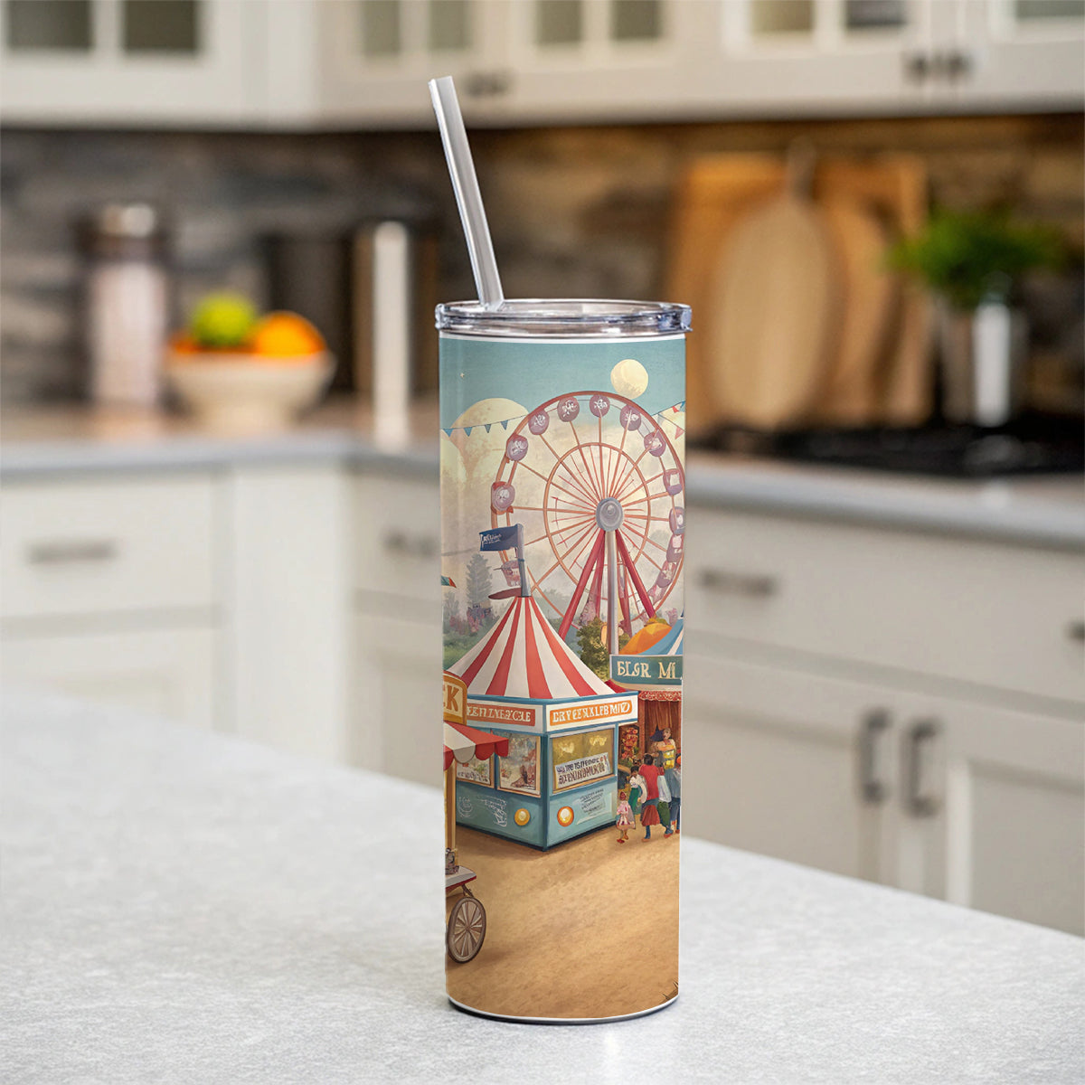 Americana State Fair Scene Skinny Tumbler 20oz with Straw Insulated Water Bottle Gift