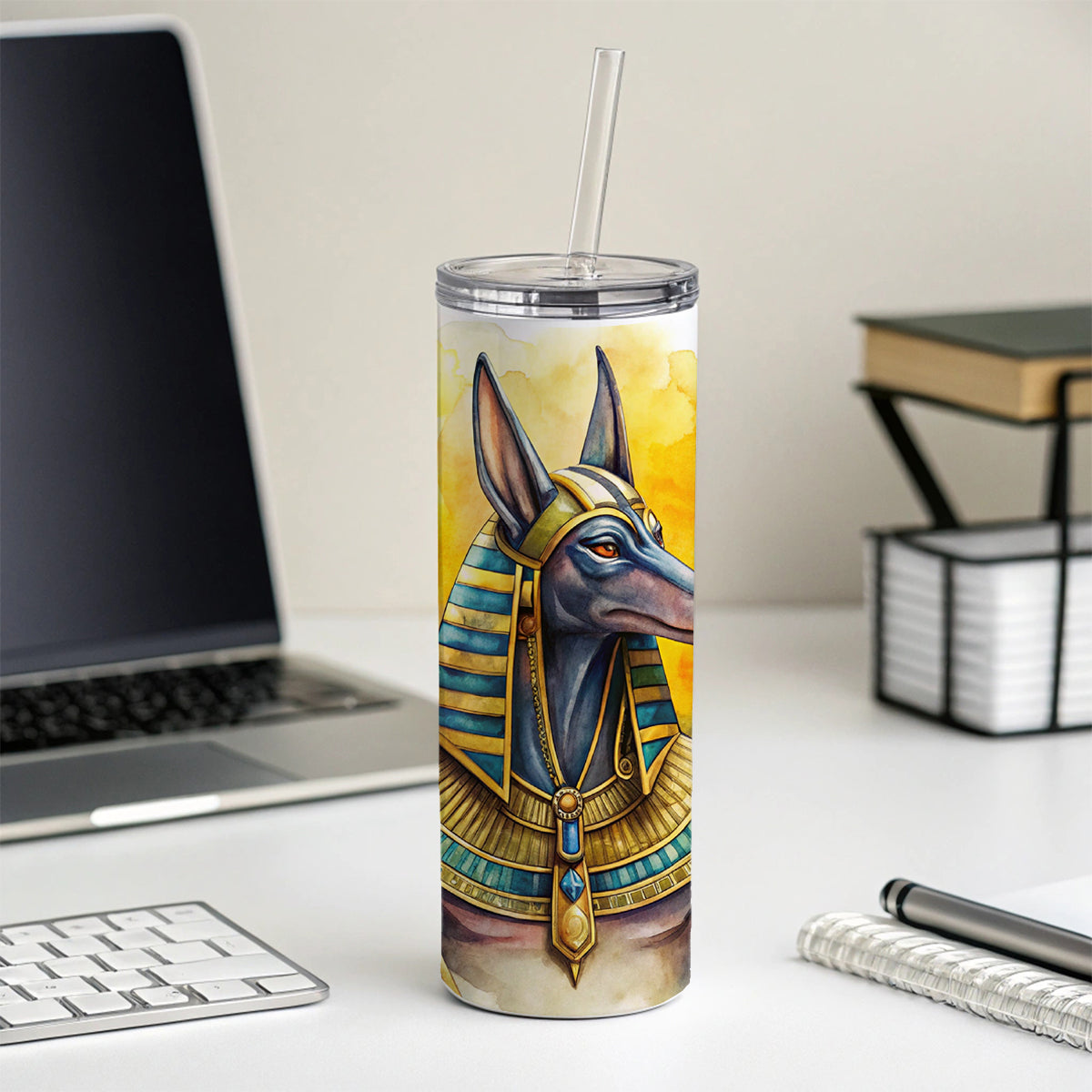 Ancient Egyptian God Anubis Watercolor Skinny Tumbler 20oz with Straw Insulated Water Bottle Gift