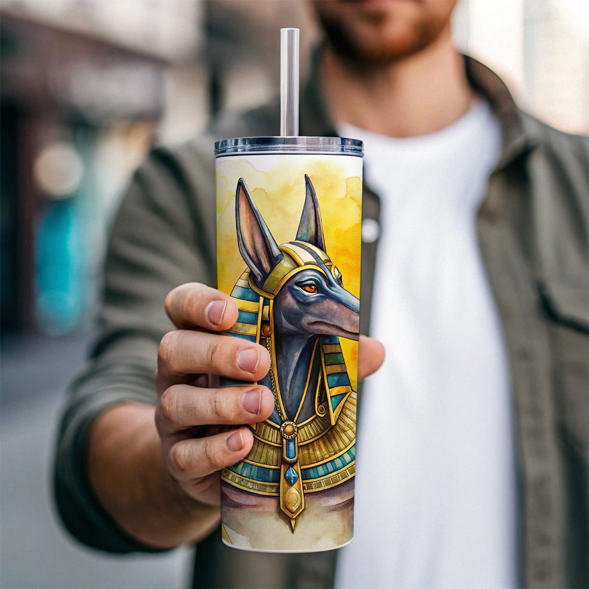 Ancient Egyptian God Anubis Watercolor Skinny Tumbler 20oz with Straw Insulated Water Bottle Gift