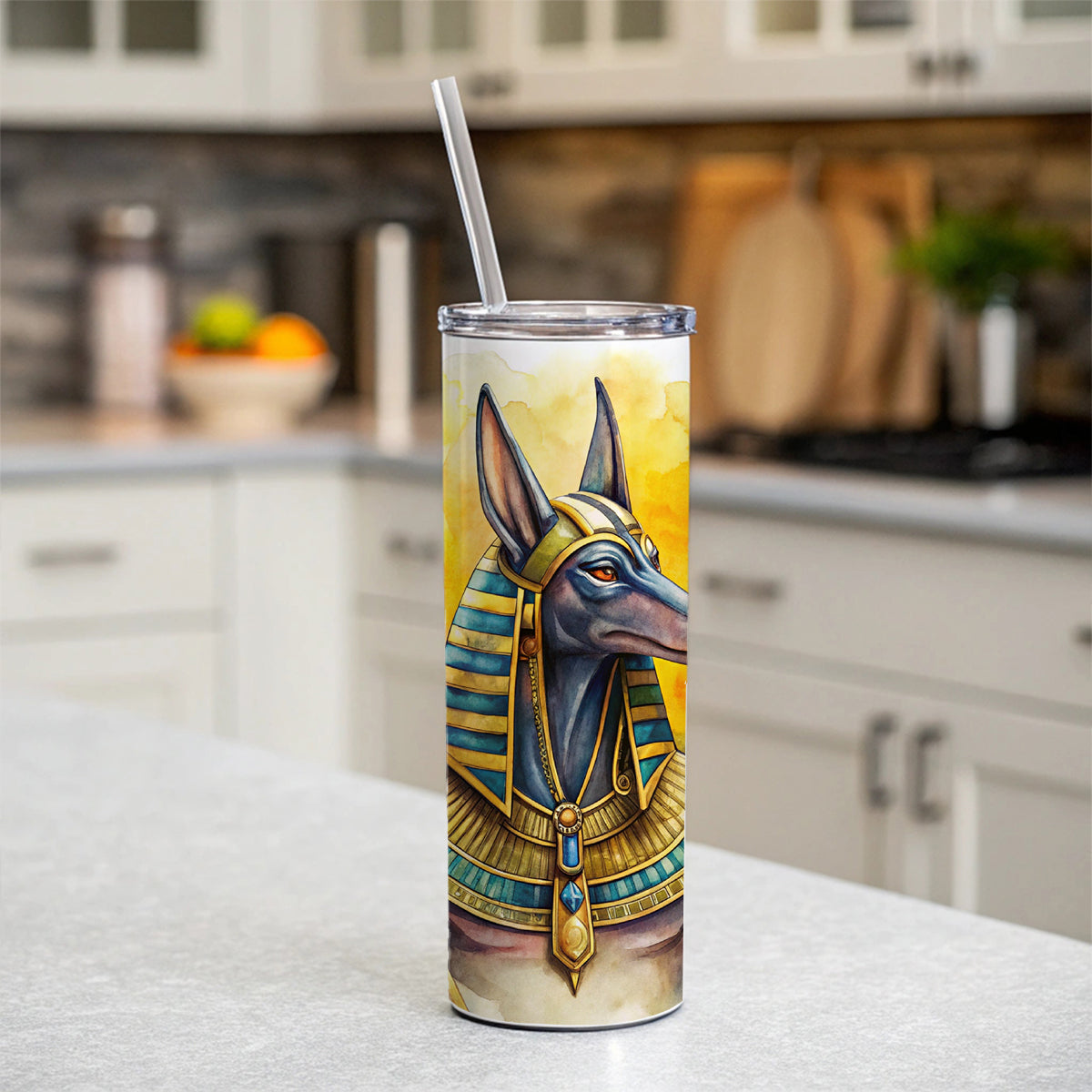 Ancient Egyptian God Anubis Watercolor Skinny Tumbler 20oz with Straw Insulated Water Bottle Gift