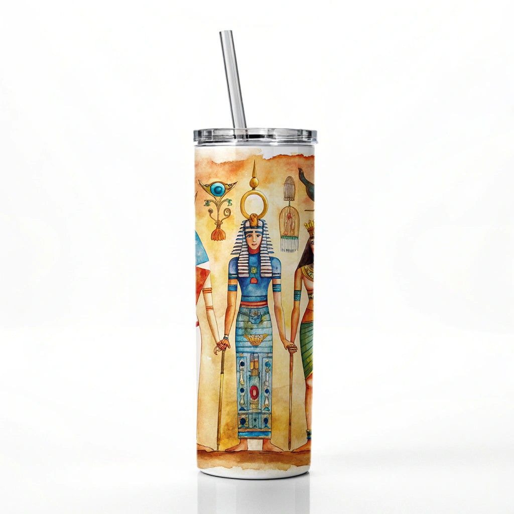 Ancient Egyptian Hieroglyphics Pharaohs Gods Watercolor Skinny Tumbler 20oz with Straw Insulated Water Bottle Gift