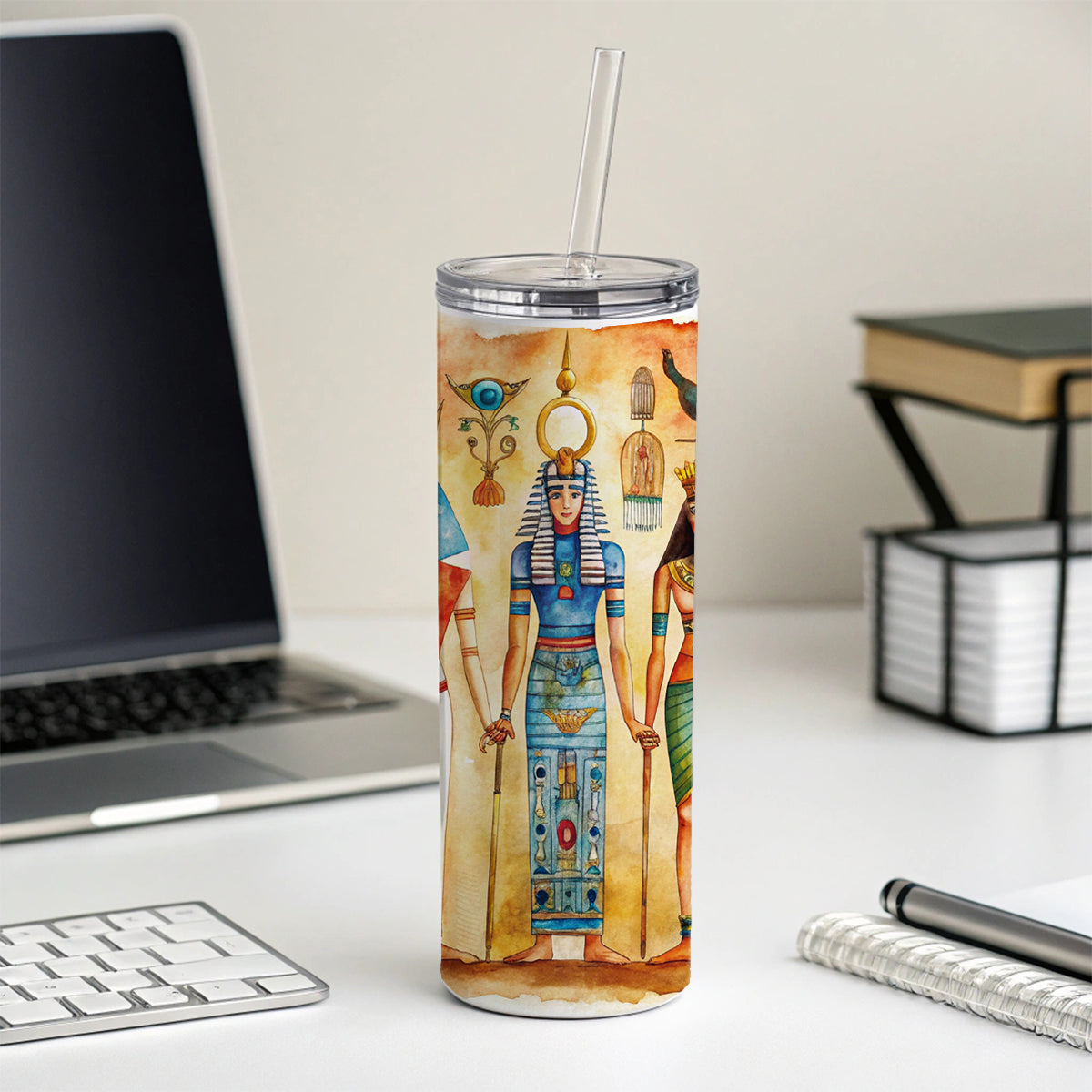Ancient Egyptian Hieroglyphics Pharaohs Gods Watercolor Skinny Tumbler 20oz with Straw Insulated Water Bottle Gift