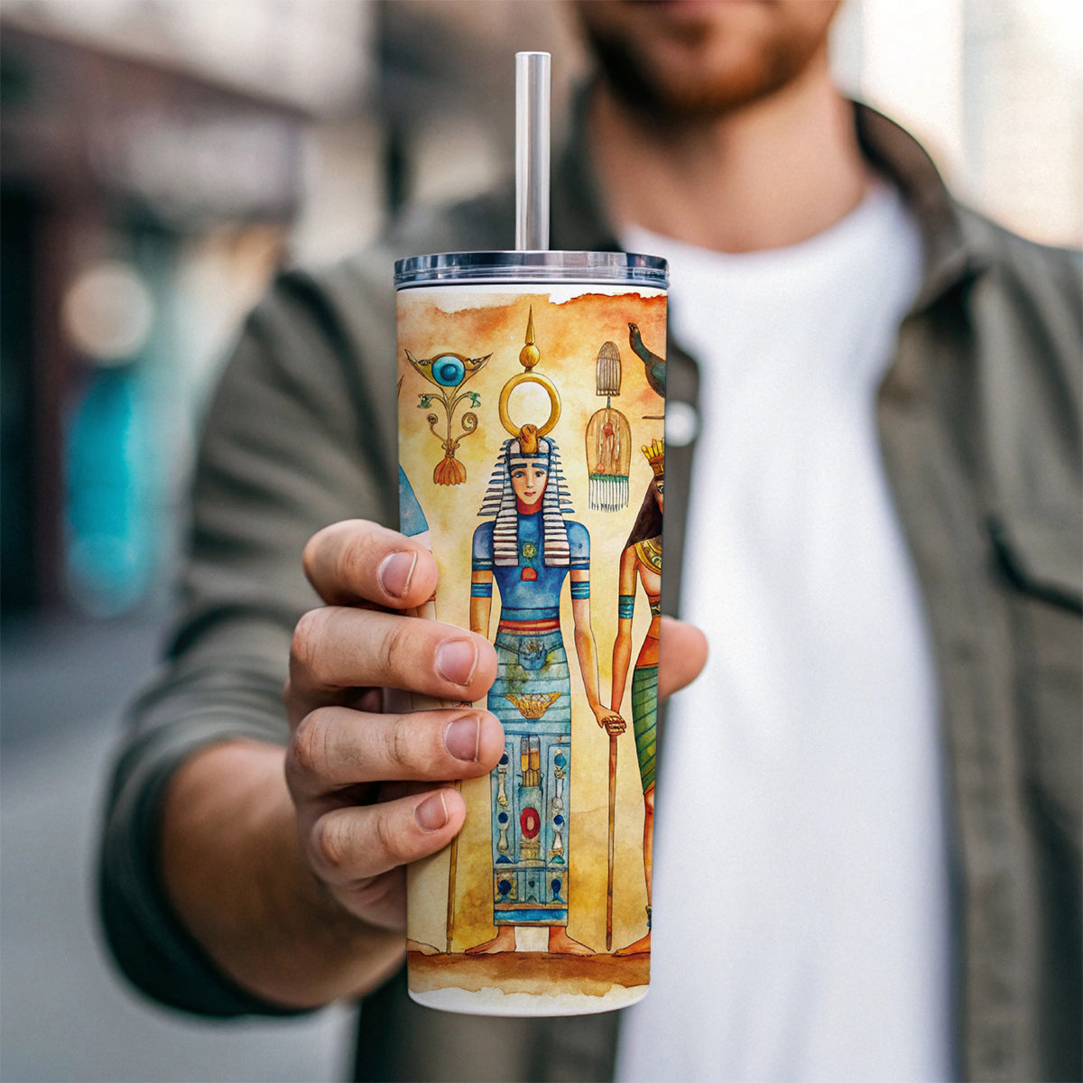 Ancient Egyptian Hieroglyphics Pharaohs Gods Watercolor Skinny Tumbler 20oz with Straw Insulated Water Bottle Gift