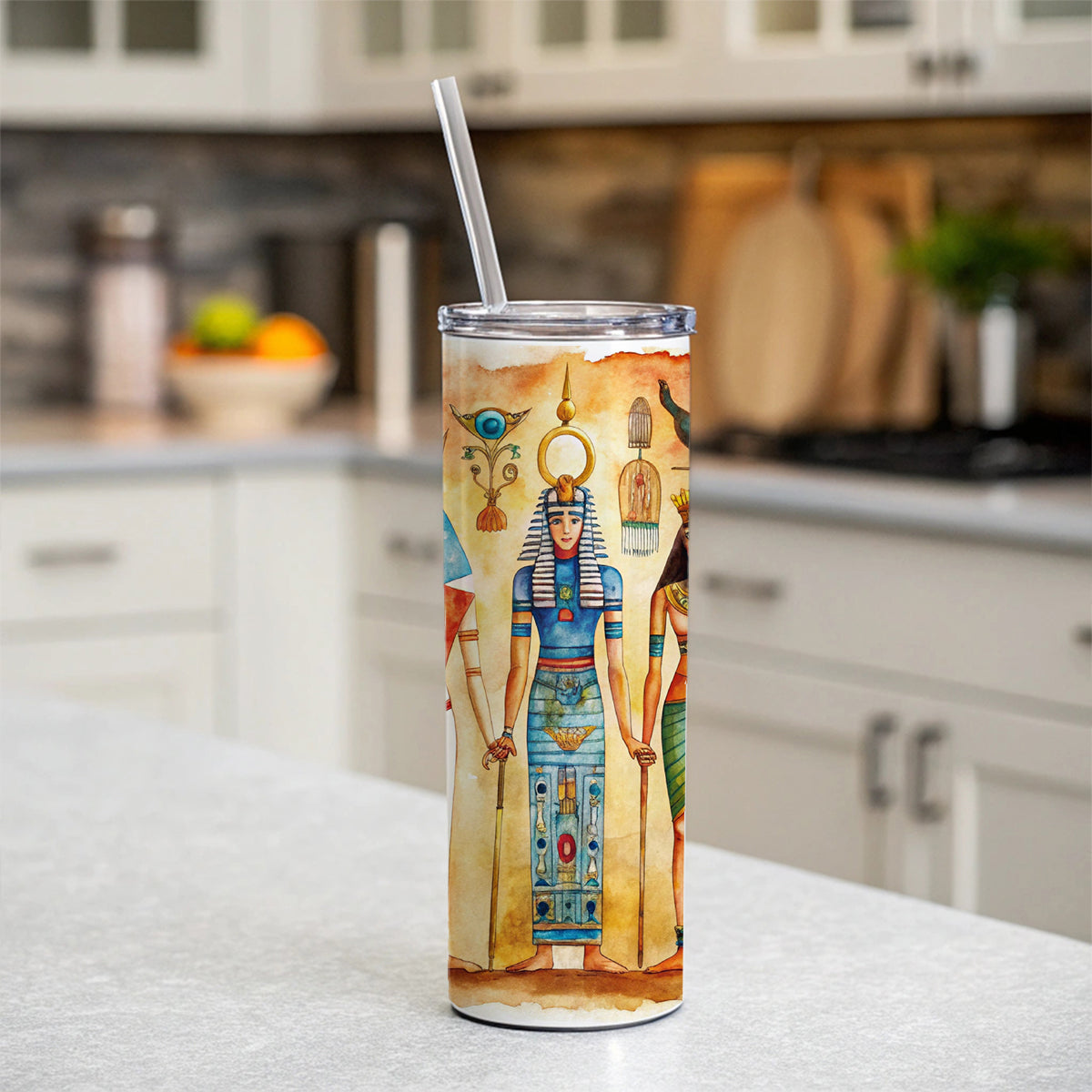 Ancient Egyptian Hieroglyphics Pharaohs Gods Watercolor Skinny Tumbler 20oz with Straw Insulated Water Bottle Gift
