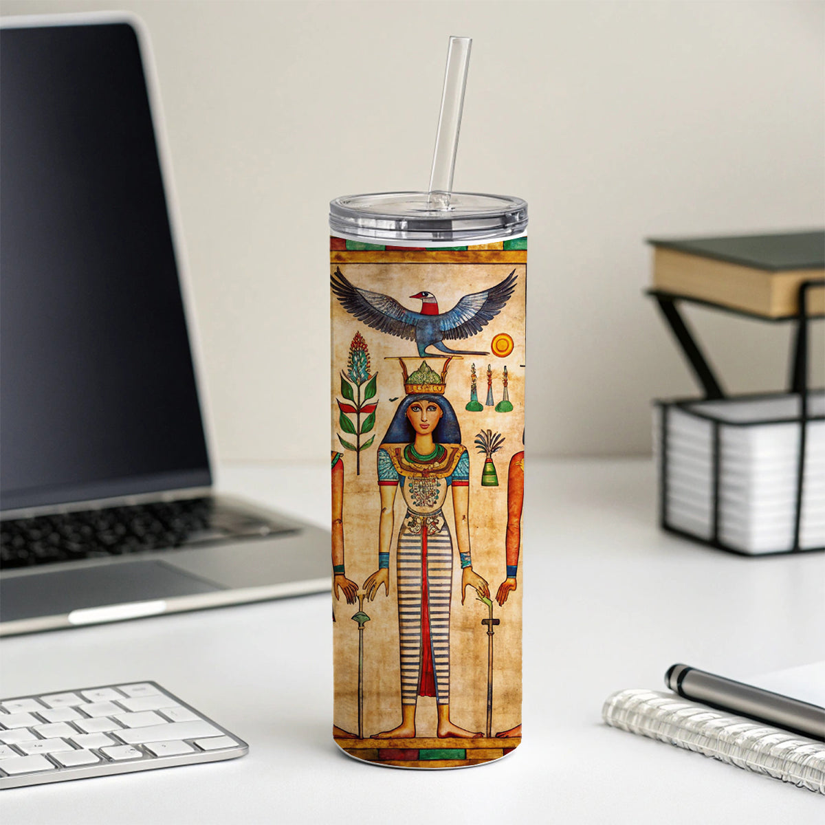 Ancient Egyptian Hieroglyphics Pharaohs Gods Skinny Tumbler 20oz with Straw Insulated Water Bottle Gift