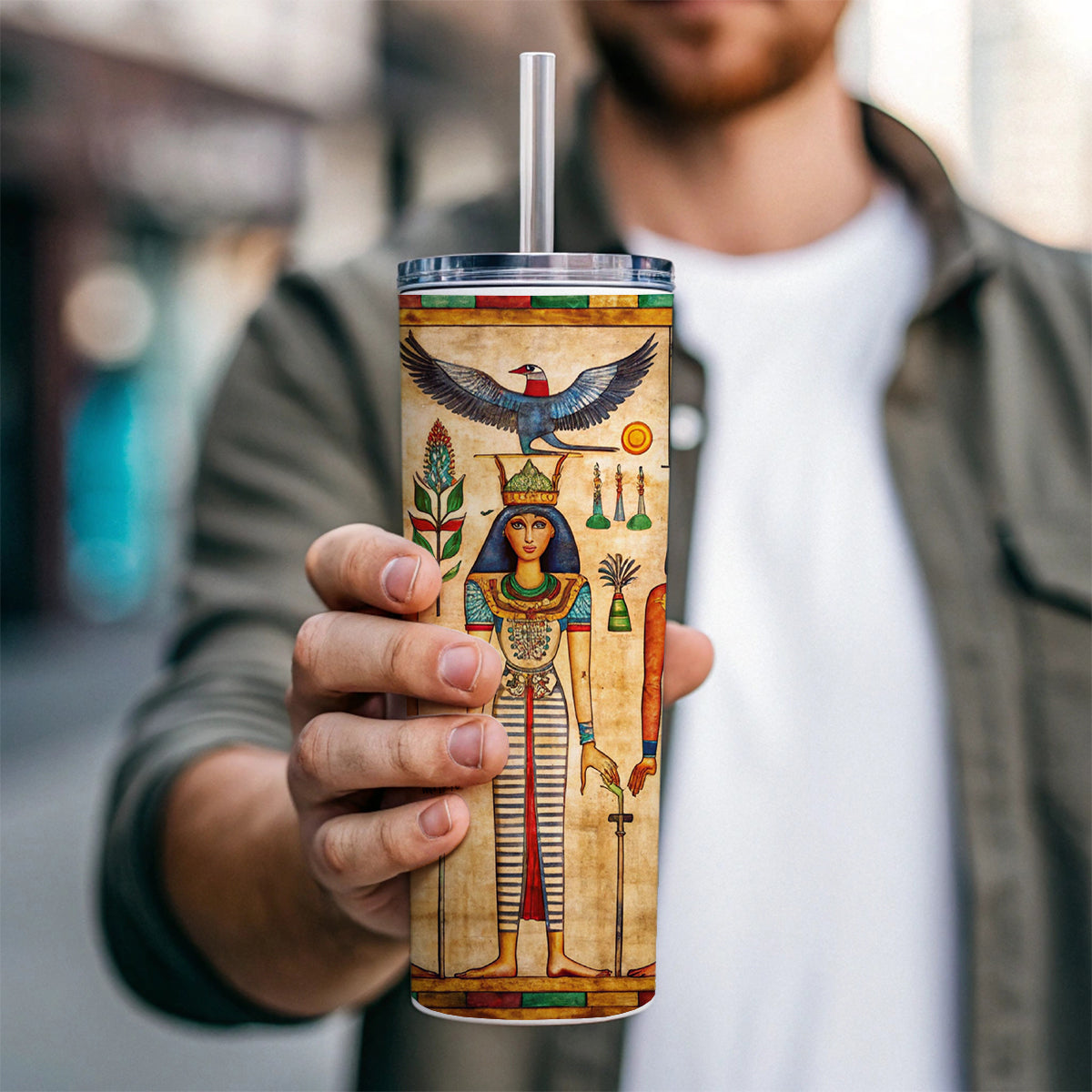 Ancient Egyptian Hieroglyphics Pharaohs Gods Skinny Tumbler 20oz with Straw Insulated Water Bottle Gift