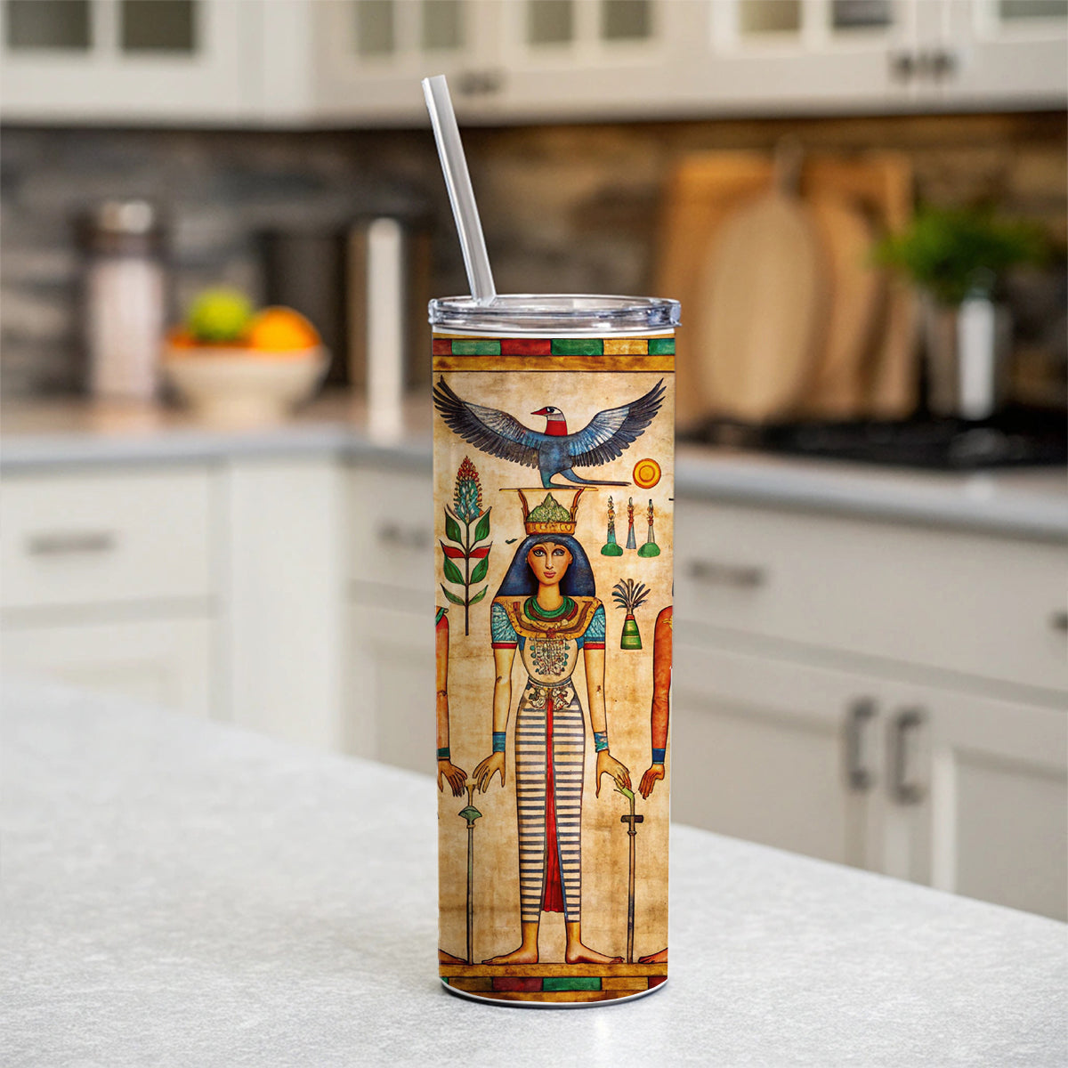 Ancient Egyptian Hieroglyphics Pharaohs Gods Skinny Tumbler 20oz with Straw Insulated Water Bottle Gift