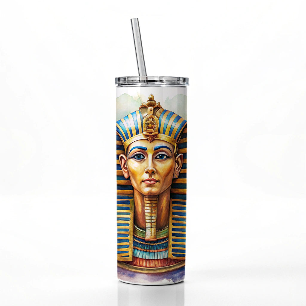 Ancient Egyptian Pharaoh Watercolor Skinny Tumbler 20oz with Straw Insulated Water Bottle Gift