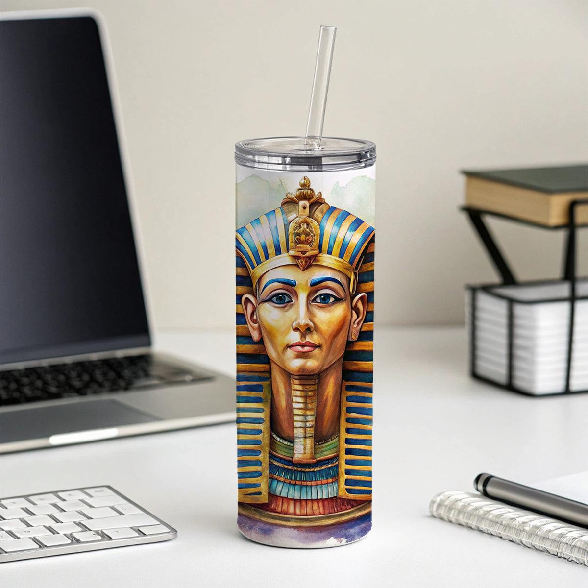 Ancient Egyptian Pharaoh Watercolor Skinny Tumbler 20oz with Straw Insulated Water Bottle Gift