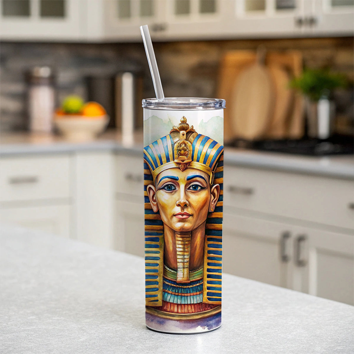 Ancient Egyptian Pharaoh Watercolor Skinny Tumbler 20oz with Straw Insulated Water Bottle Gift