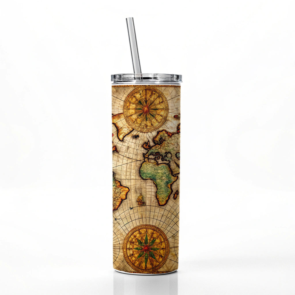 Ancient Maritime Nautical World Map Skinny Tumbler 20oz with Straw Insulated Water Bottle Gift
