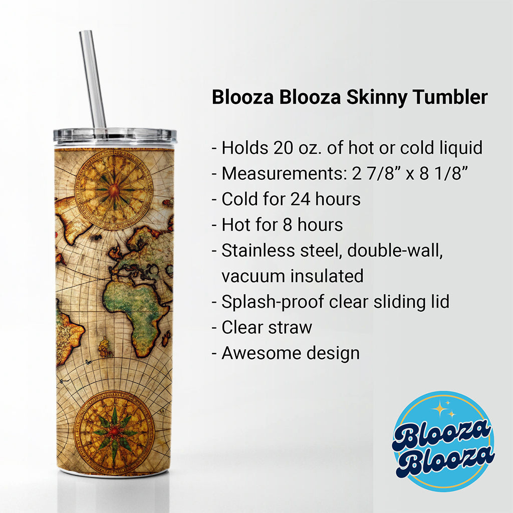 Ancient Maritime Nautical World Map Skinny Tumbler 20oz with Straw Insulated Water Bottle Gift