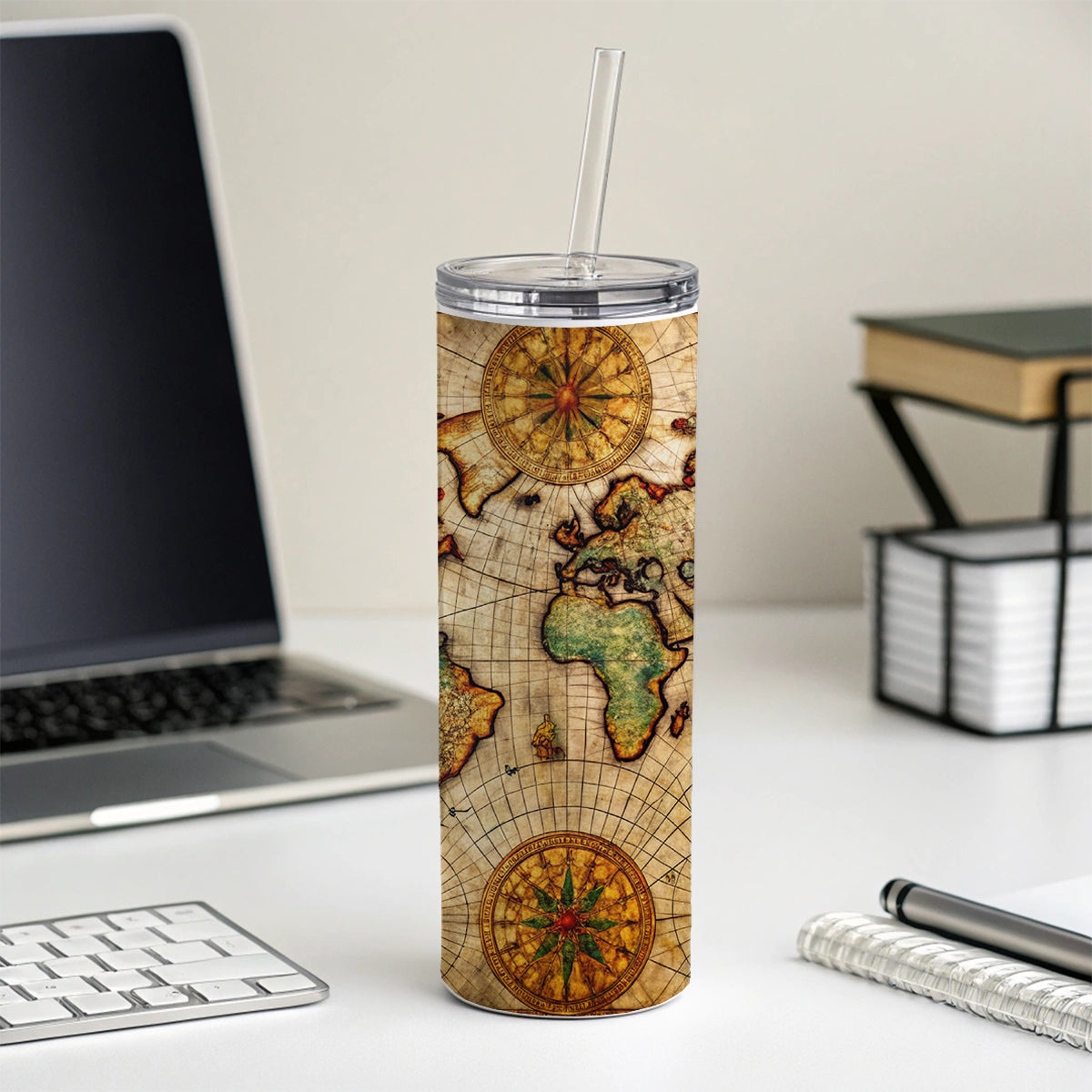 Ancient Maritime Nautical World Map Skinny Tumbler 20oz with Straw Insulated Water Bottle Gift