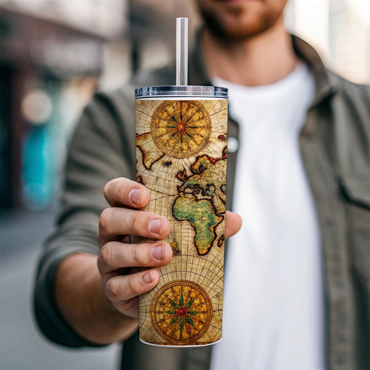 Ancient Maritime Nautical World Map Skinny Tumbler 20oz with Straw Insulated Water Bottle Gift