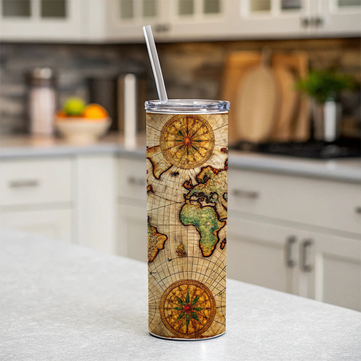 Ancient Maritime Nautical World Map Skinny Tumbler 20oz with Straw Insulated Water Bottle Gift