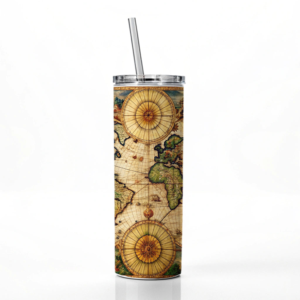 Ancient Nautical World Maritime Map Skinny Tumbler 20oz with Straw Insulated Water Bottle Gift