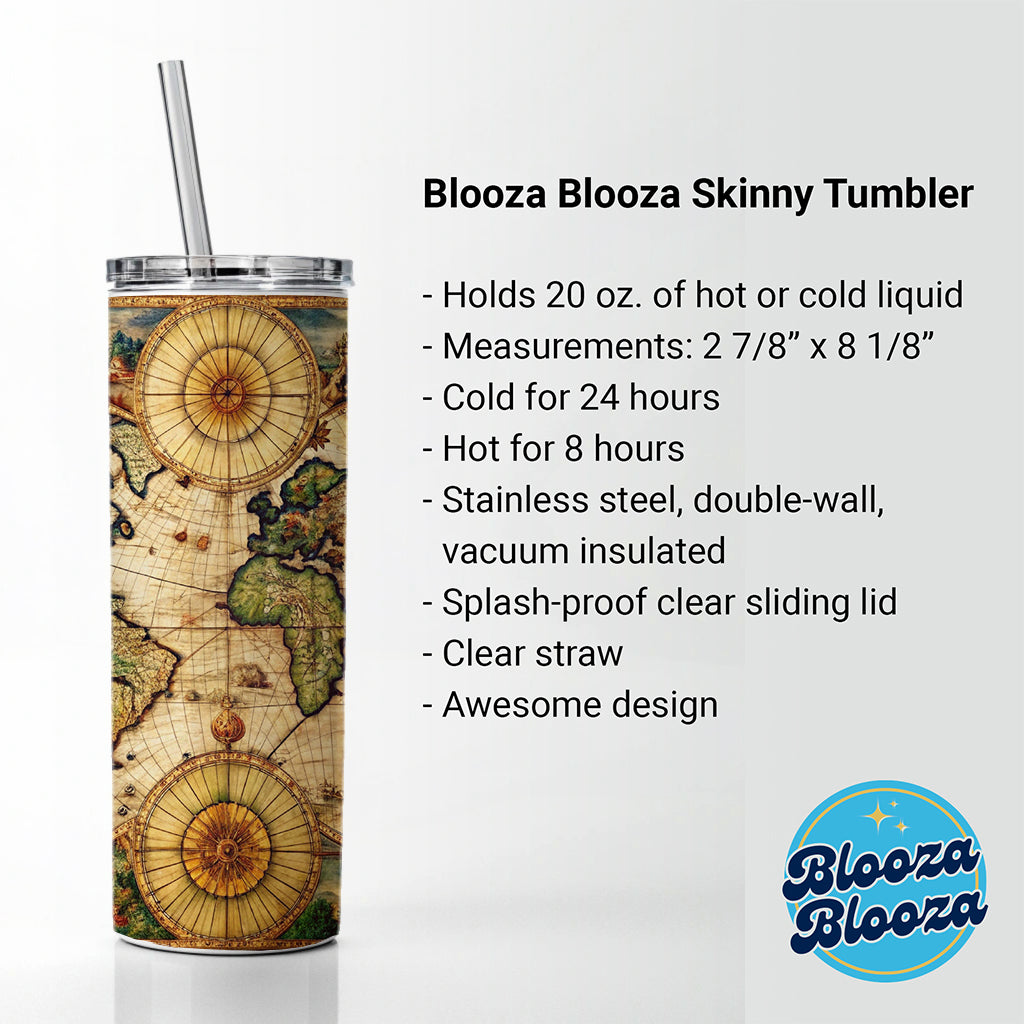 Ancient Nautical World Maritime Map Skinny Tumbler 20oz with Straw Insulated Water Bottle Gift