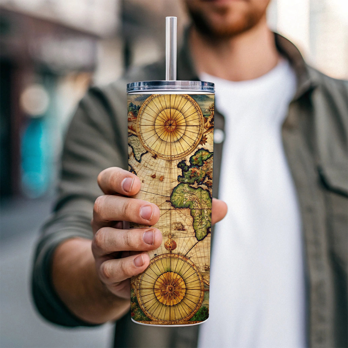 Ancient Nautical World Maritime Map Skinny Tumbler 20oz with Straw Insulated Water Bottle Gift
