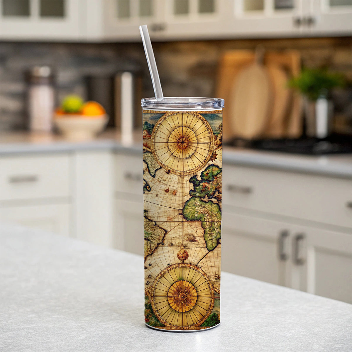 Ancient Nautical World Maritime Map Skinny Tumbler 20oz with Straw Insulated Water Bottle Gift