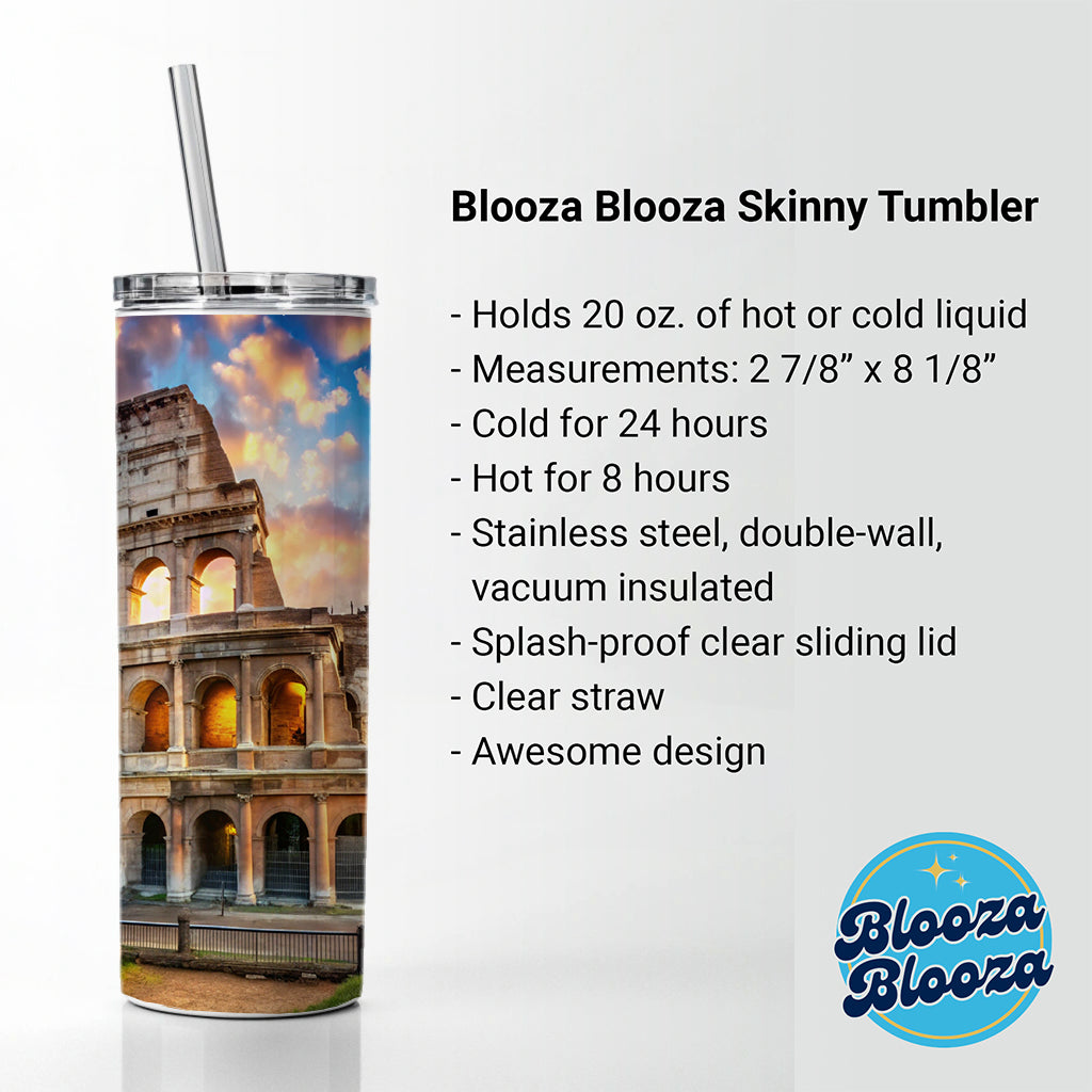 Ancient Rome Coliseum at Sunset Skinny Tumbler 20oz with Straw Insulated Water Bottle Gift