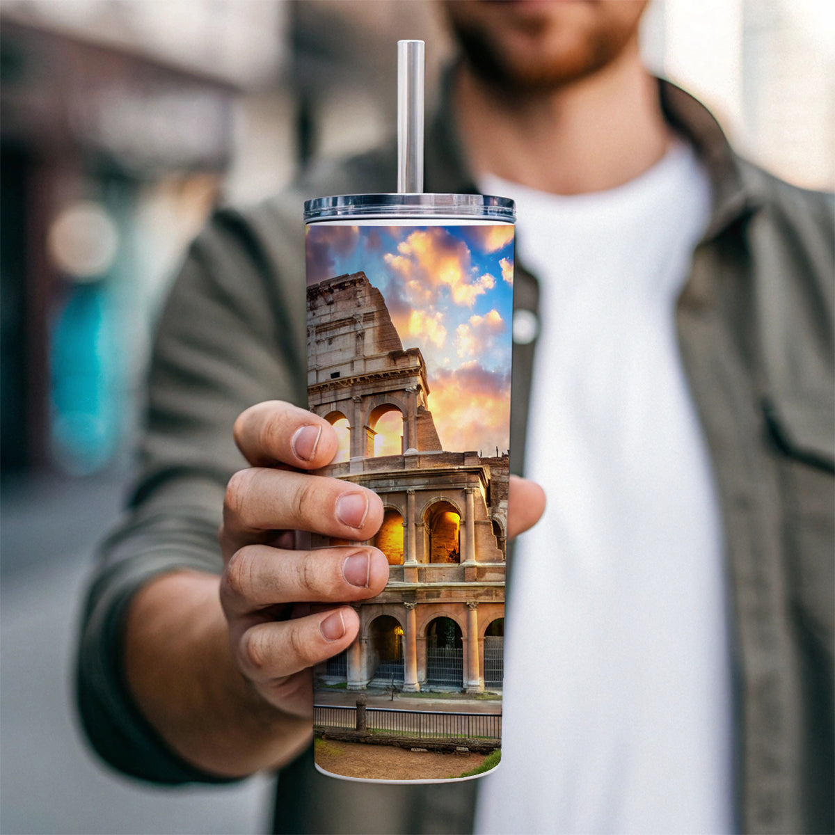 Ancient Rome Coliseum at Sunset Skinny Tumbler 20oz with Straw Insulated Water Bottle Gift